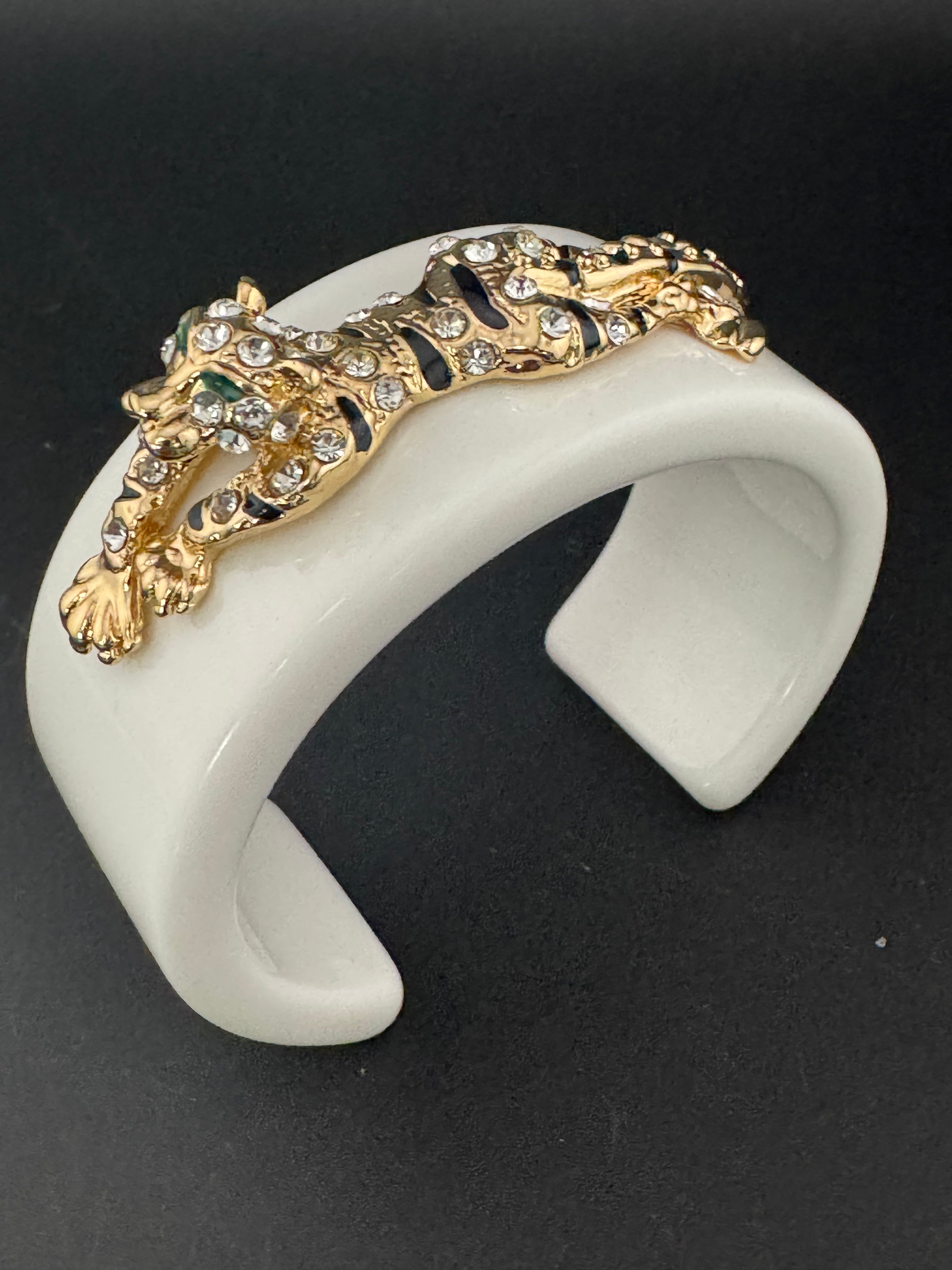 White acrylic big cat black enamel and clear crystal gold tone cuff bangle bracelet