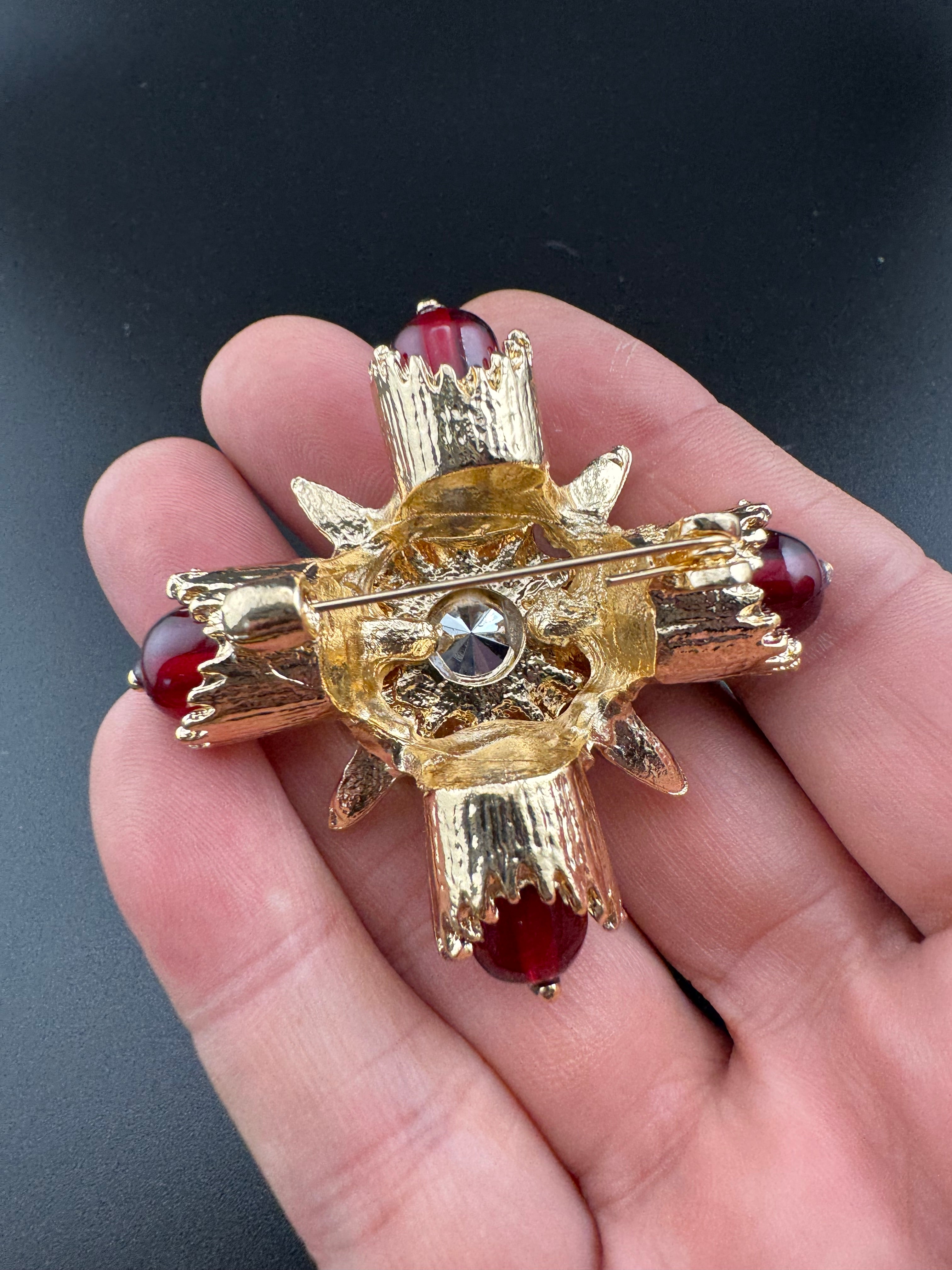 Statement Medieval style gold ruby rhinestone cross brooch