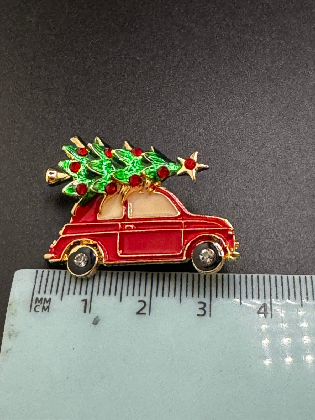 Driving home for Christmas tree brooch, gold tone and enamel  , festive jewellery