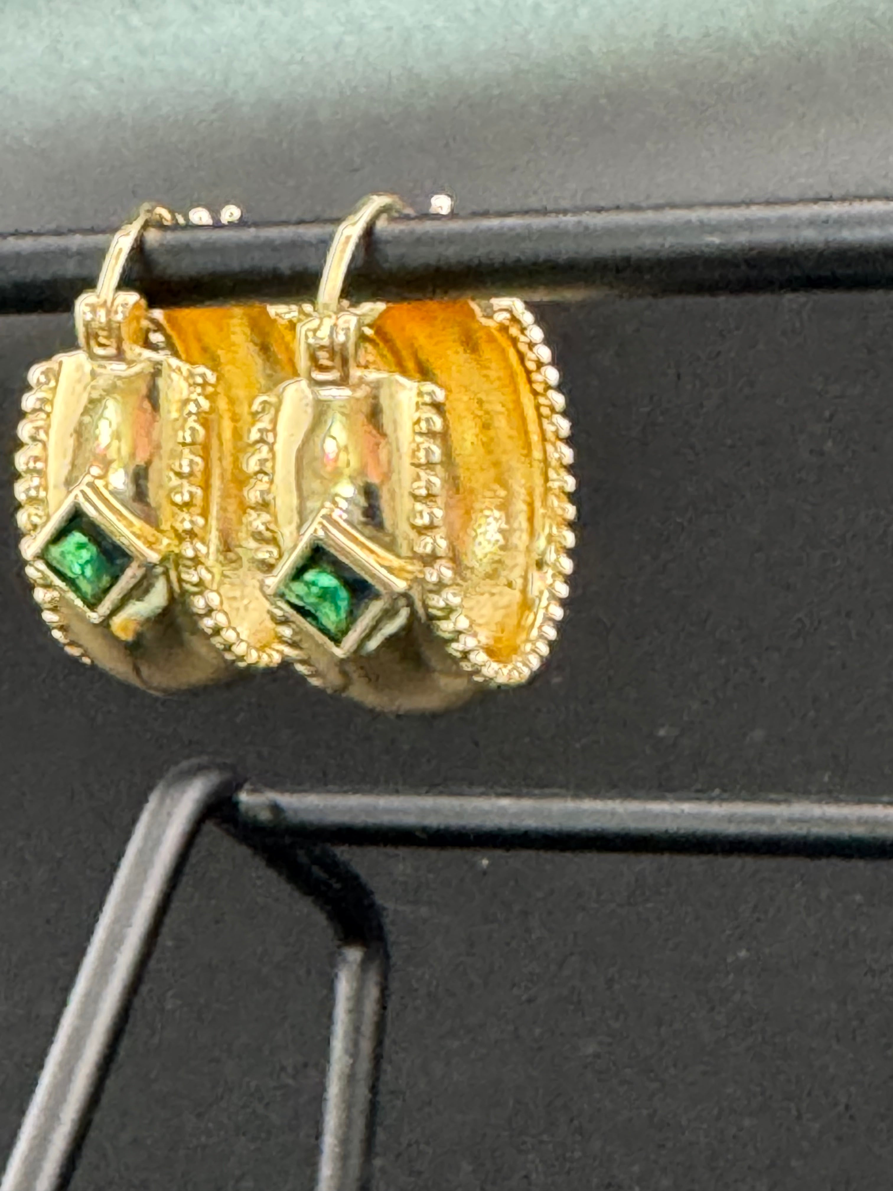Wide crystal gold hoop earrings with pink emerald and tourmaline crystals