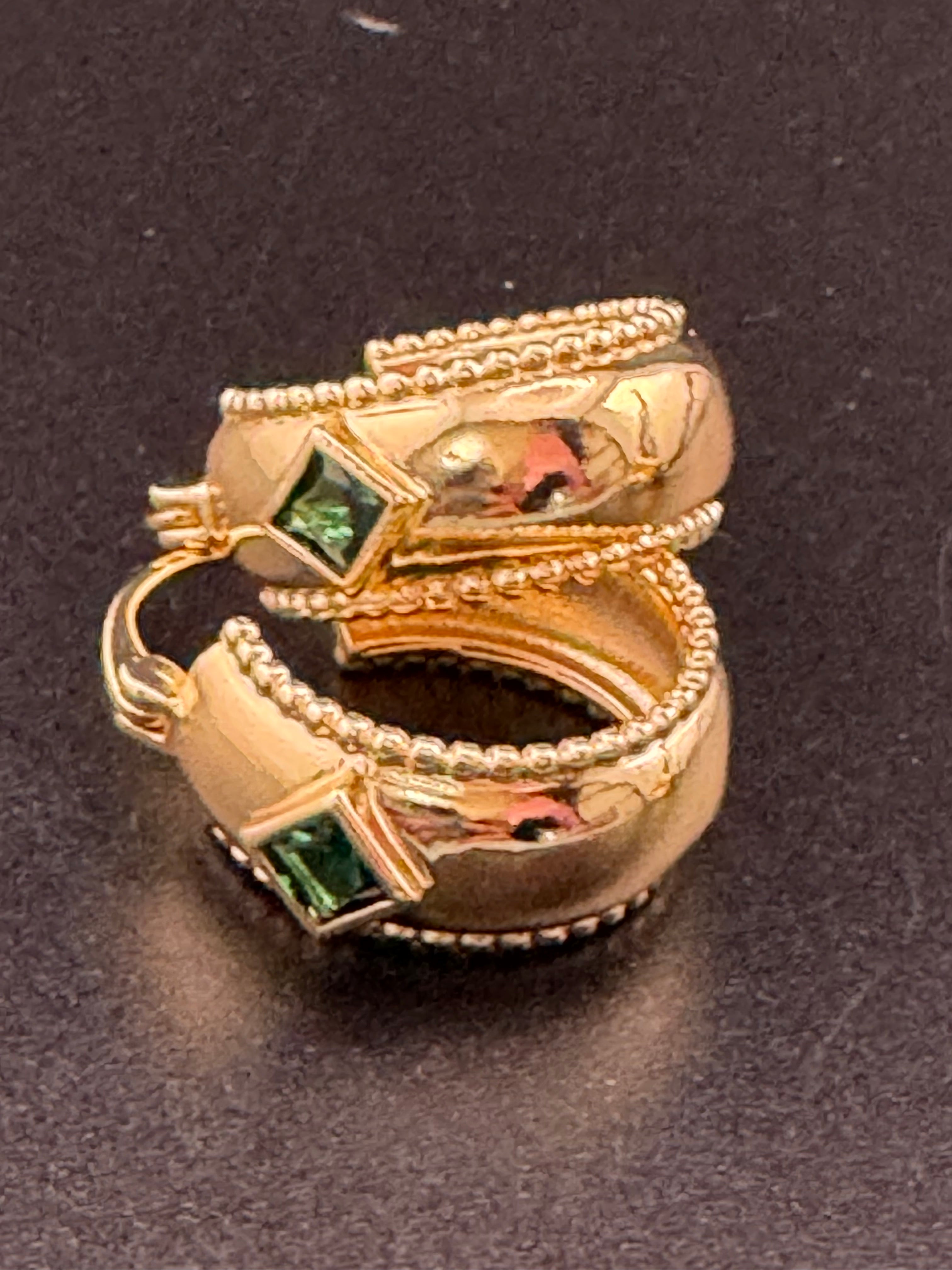 Wide crystal gold hoop earrings with pink emerald and tourmaline crystals