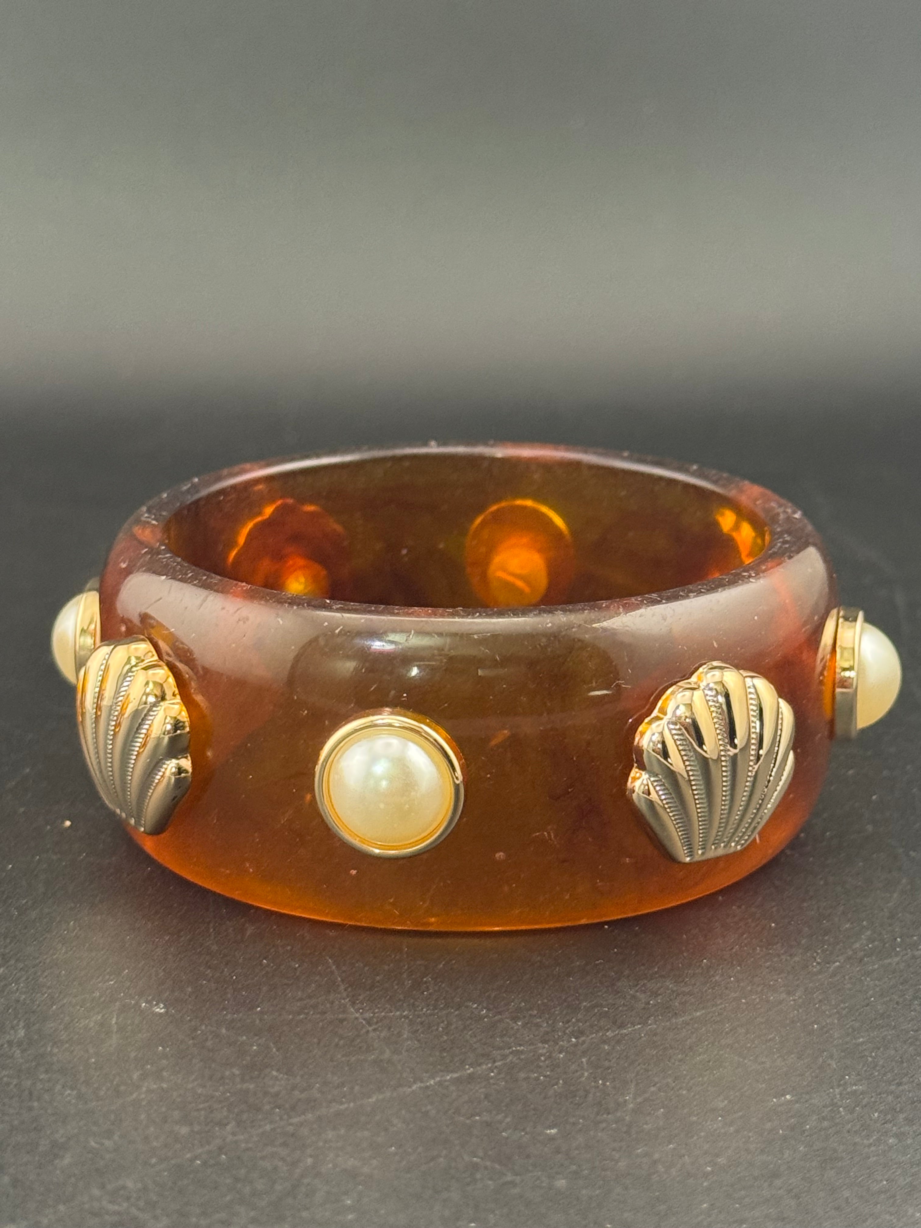 Nautical gold seashell faux tortoiseshell wide brown acrylic pearl plastic bangle bracelet