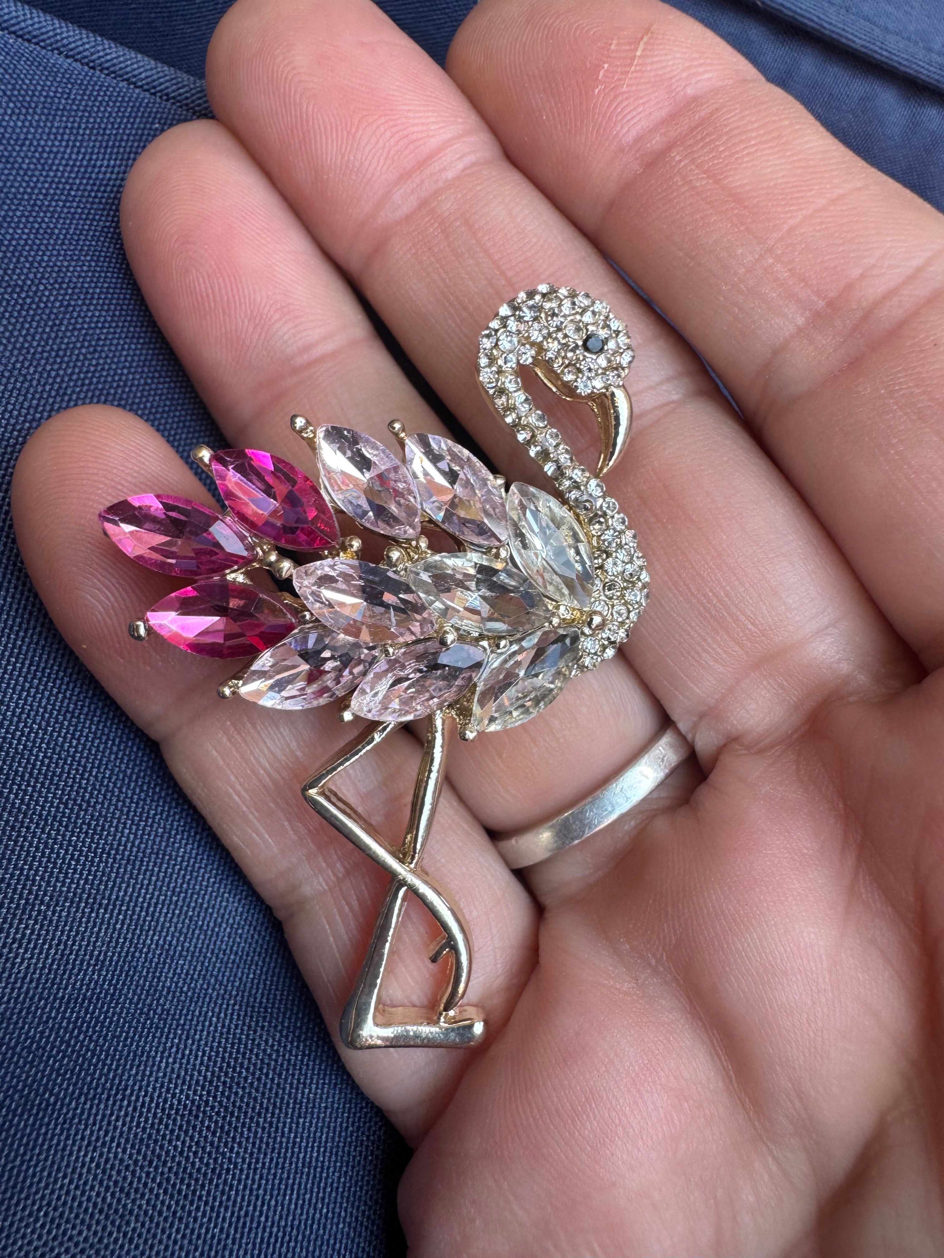 Pink crystal flamingo brooch , silver tone