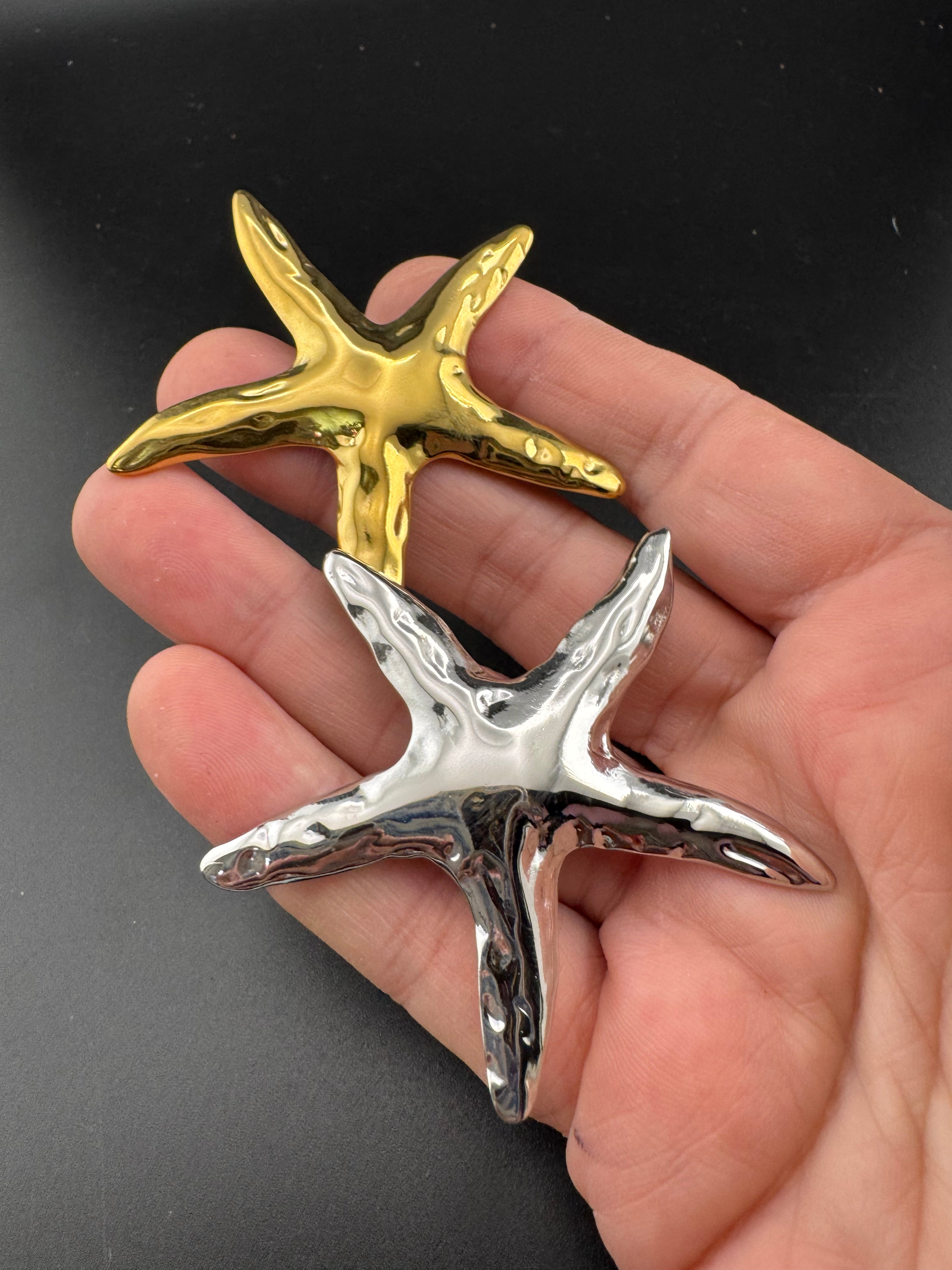 Big starfish brooch in gold or silver, nautical jewellery