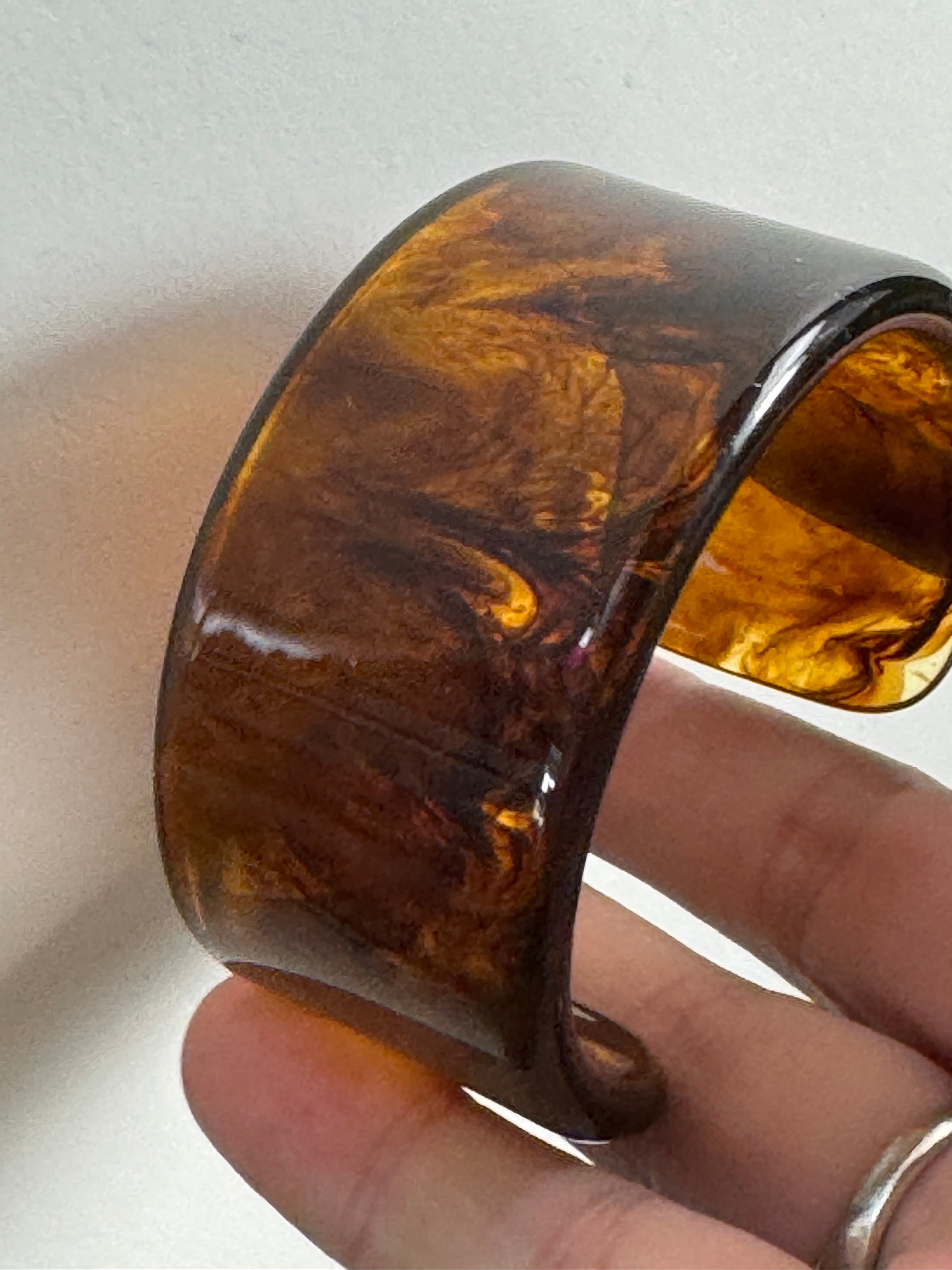 Wide acrylic brown faux tortoiseshell open cuff bangle bracelet