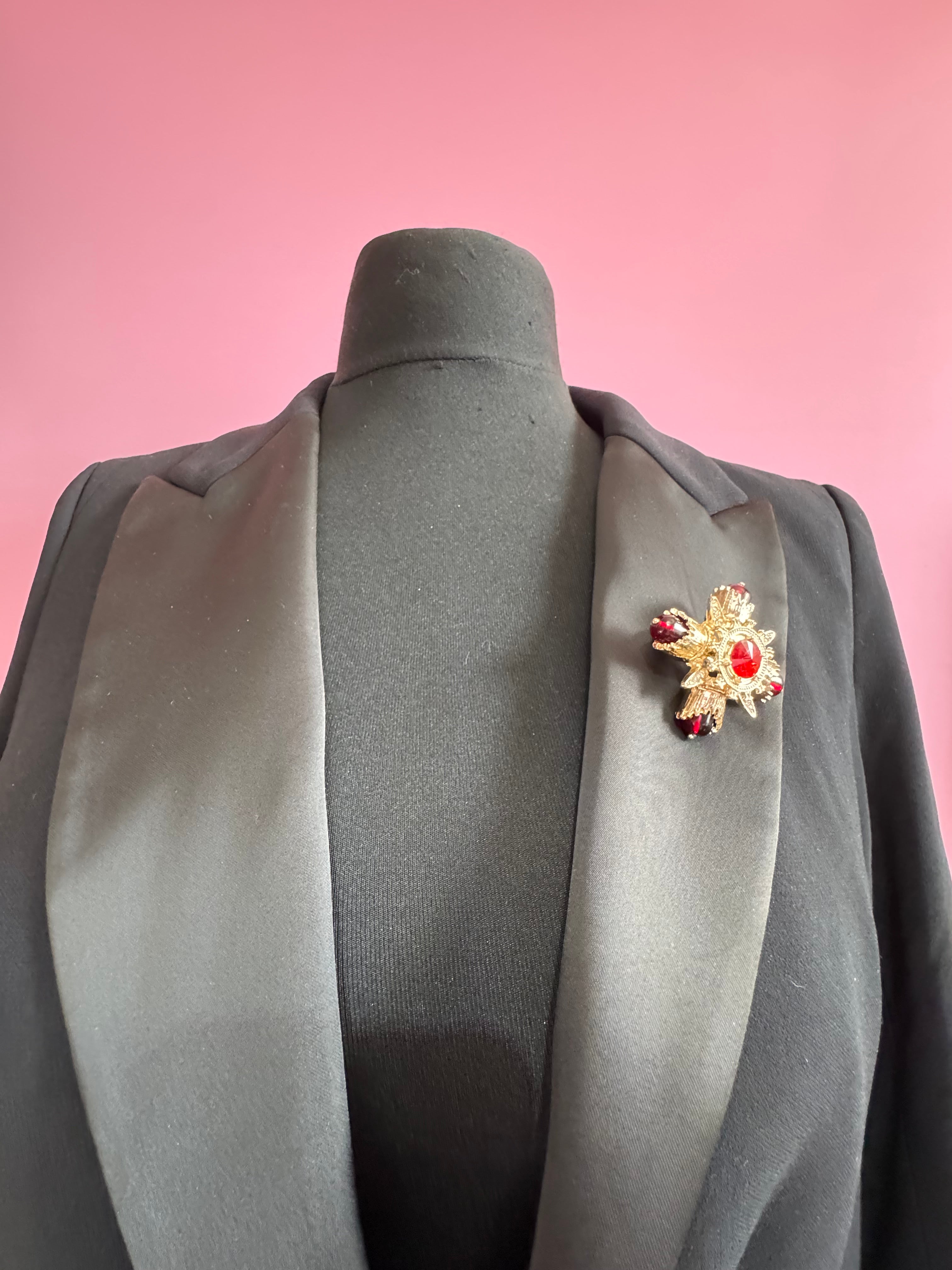 Statement Medieval style gold ruby rhinestone cross brooch