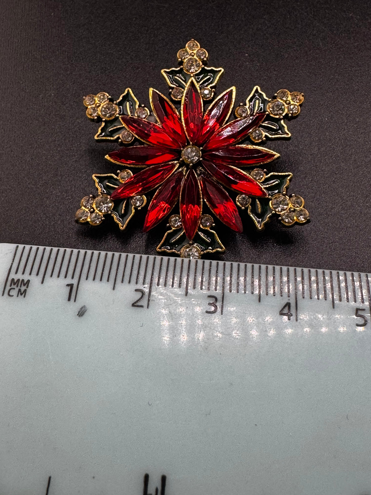 Christmas Poinsettia Brooch, Rhinestone Flower, Red Green Gold Tone