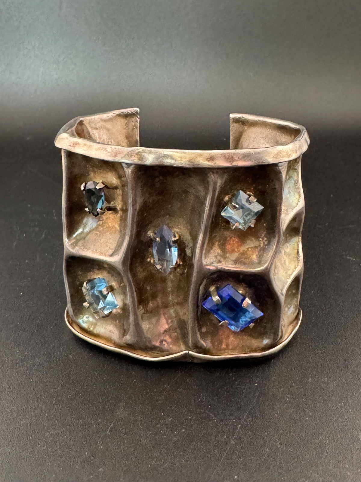 Vintage Sterling Silver Cuff, Wide Blue Crystal Open Bangle, 6 Cm