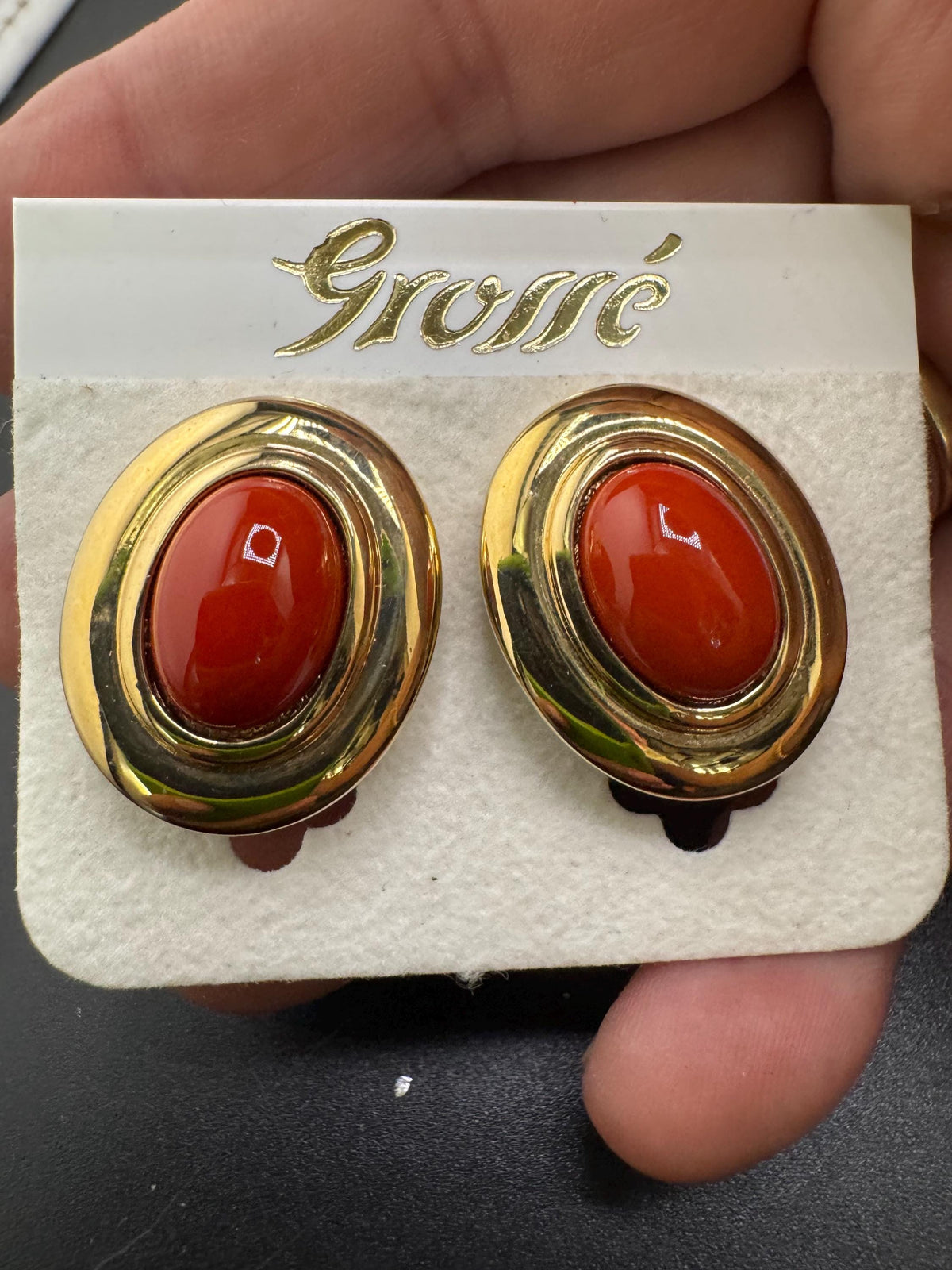 Vintage Clip On Earrings, Grosse Terracotta Cabochon, Gold Plated