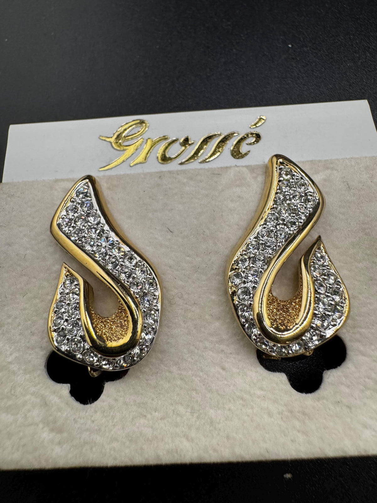 Vintage Grosse Earrings, Clear Rhinestone Clip-On, Gold Plated