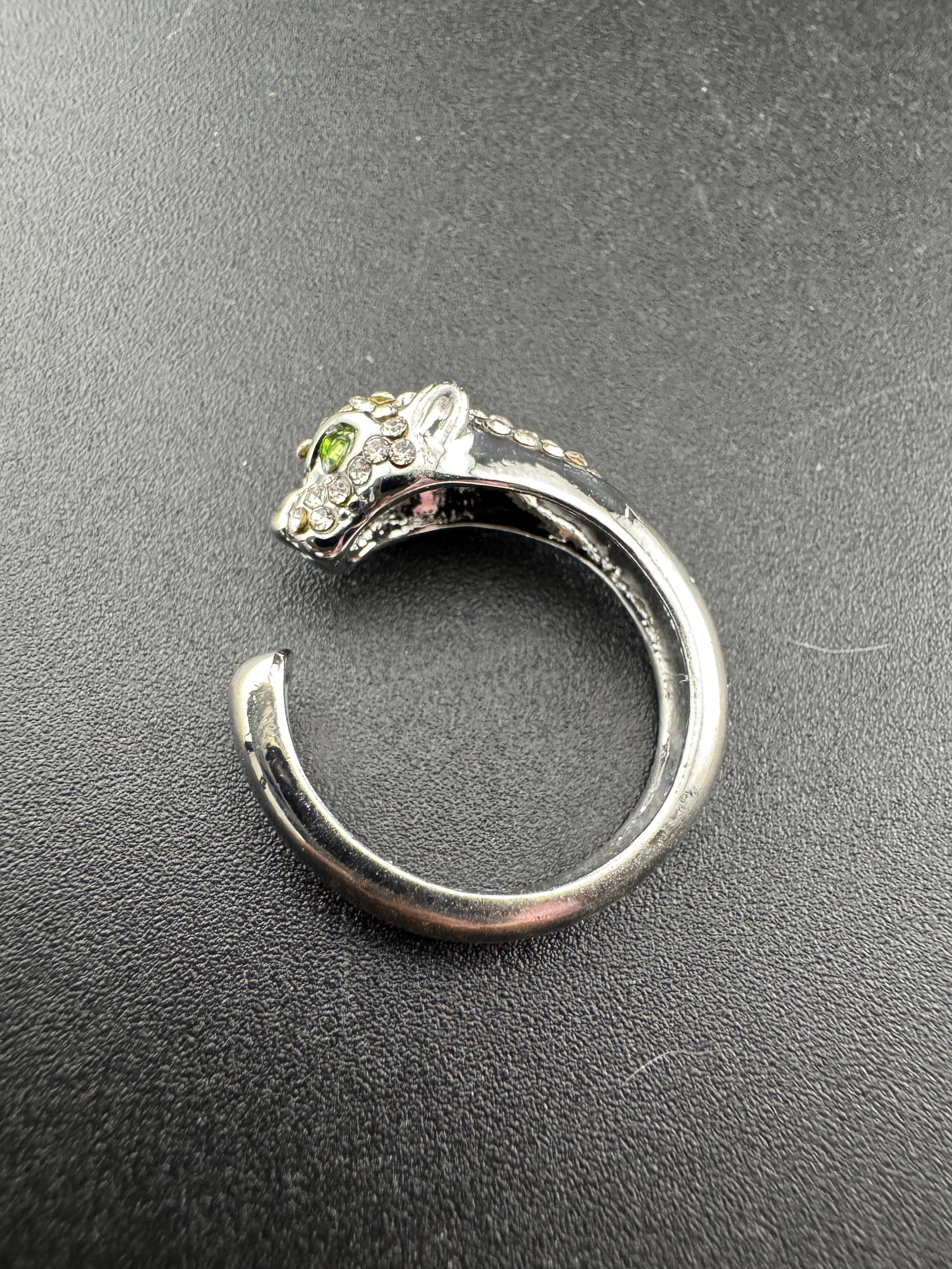 Crystal Silver plated big cat leopard adjustable ring