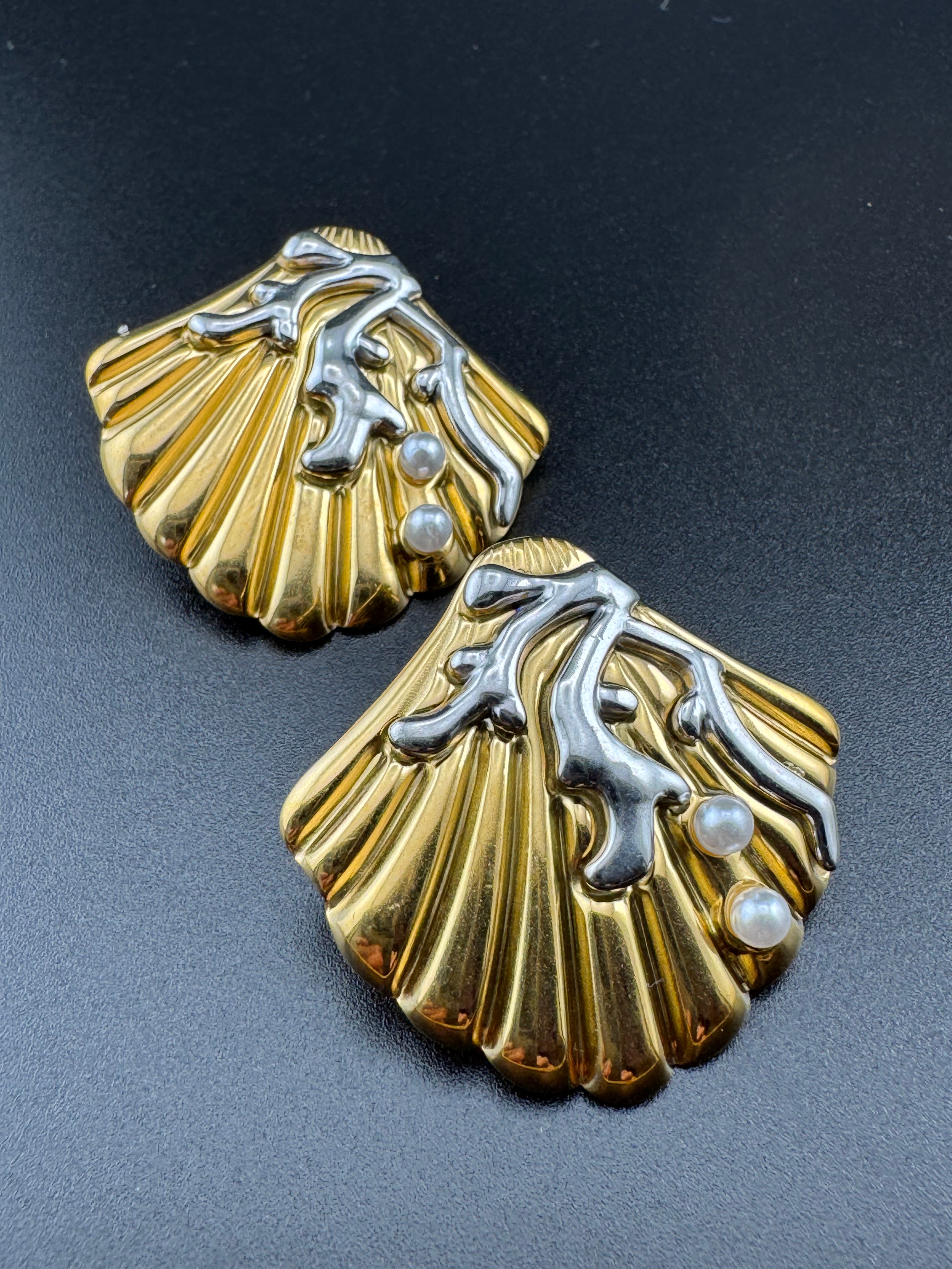 Nautical gold and silver-toned pearl seashell earrings,  pierced.