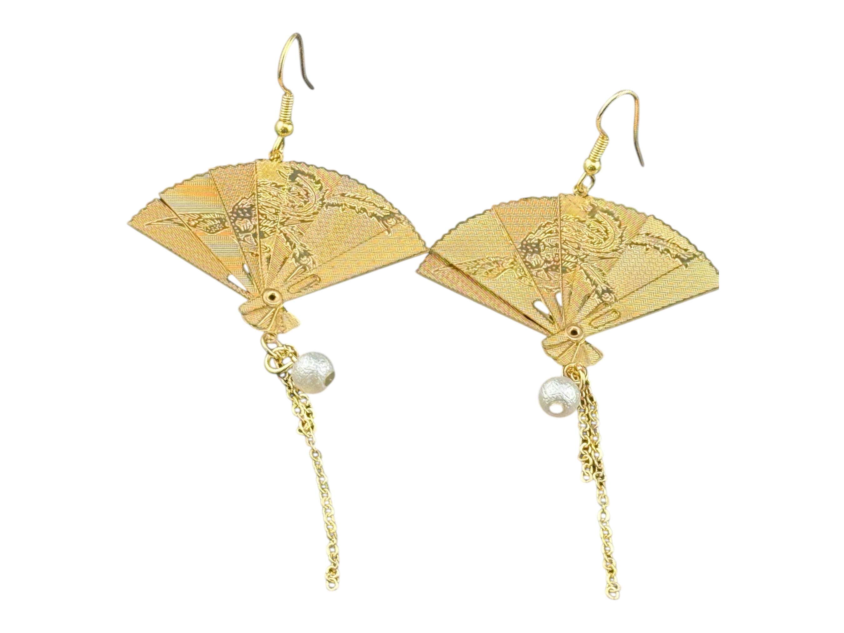 Chinese gold plated opening gold fan dangly earrings