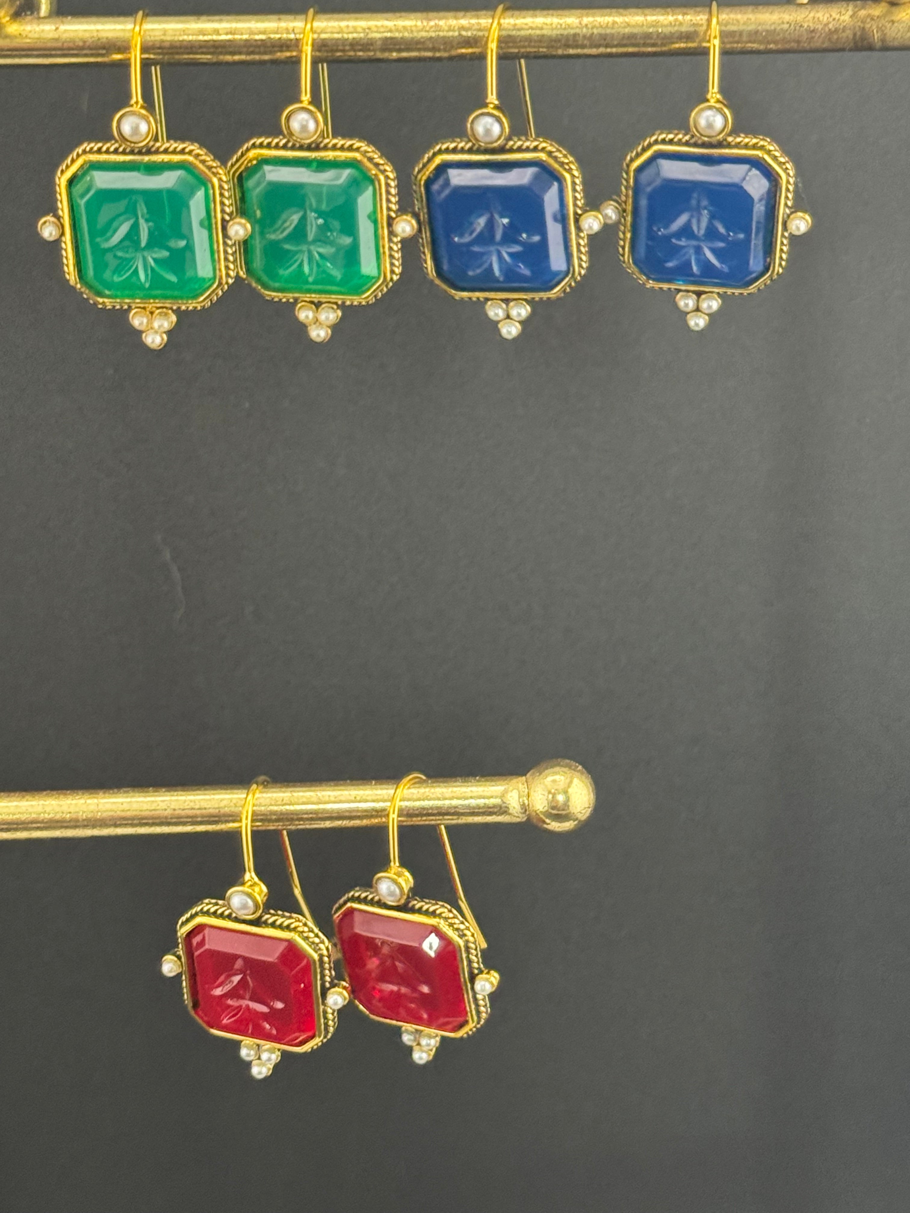 Victorian style emerald ruby and sapphire seed pearl drop earrings