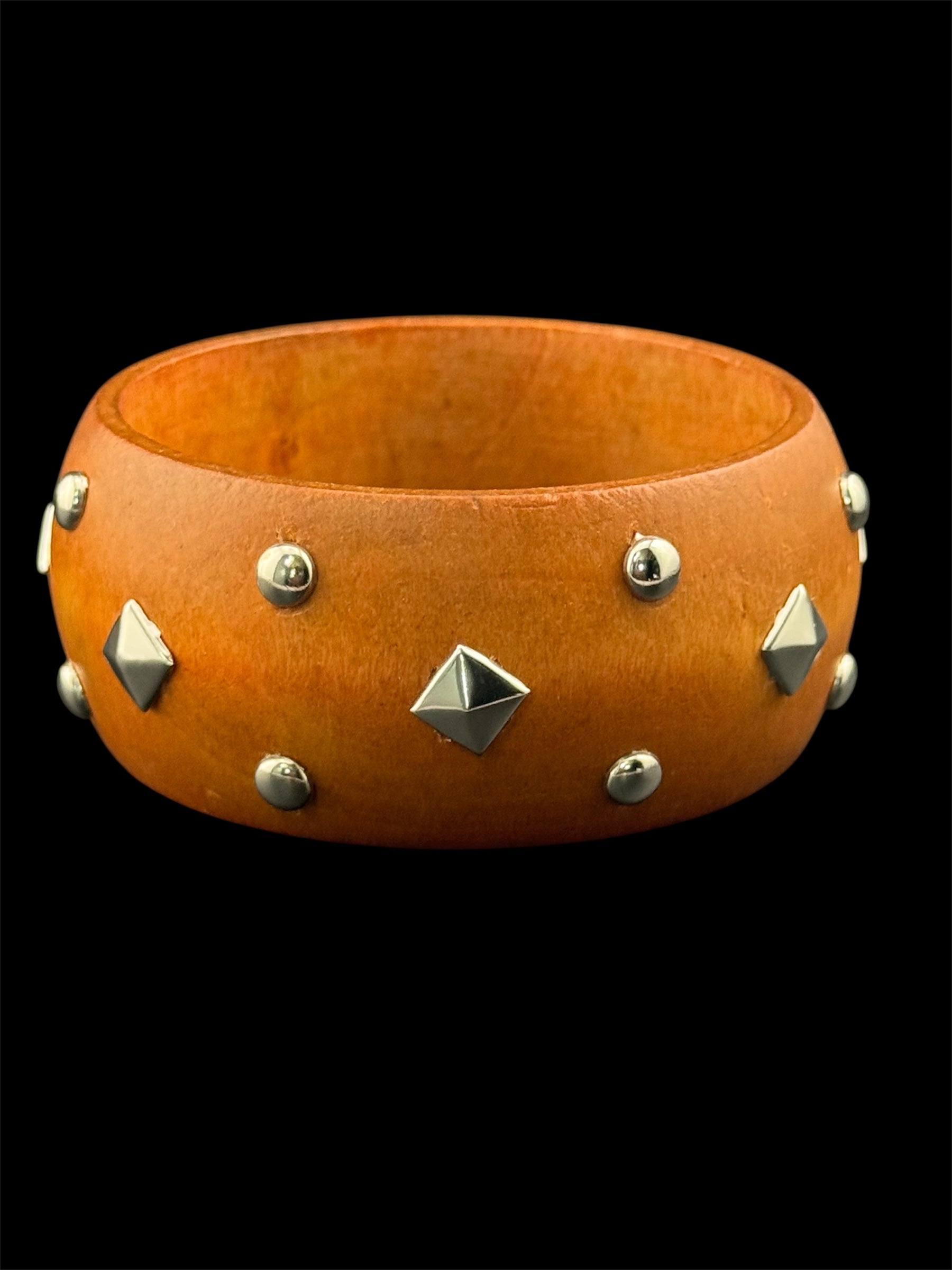 Oversized wide designed silver metal studded wooden bangle