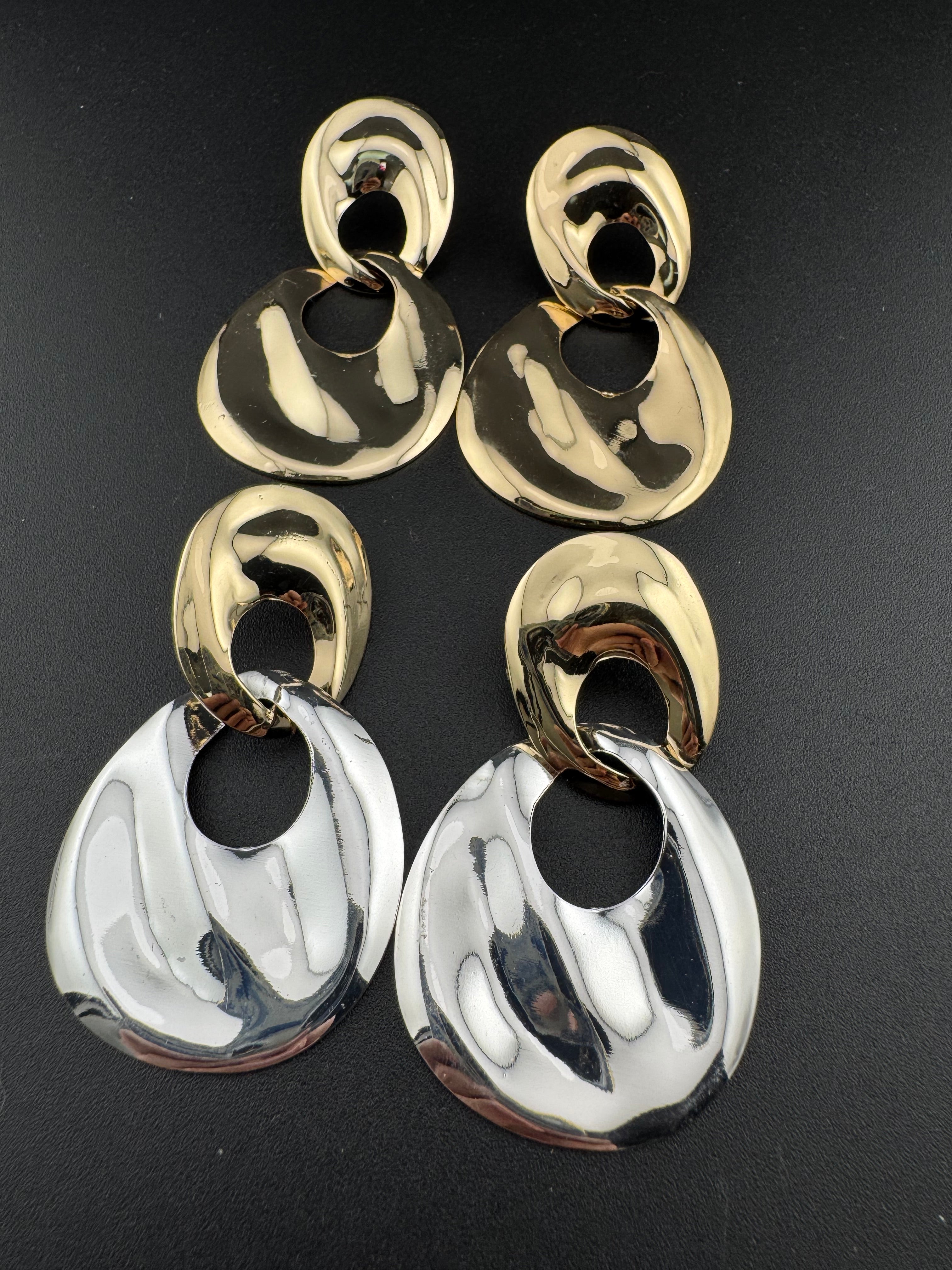 80s style silver and gold tone oversized door knocker clip on earrings