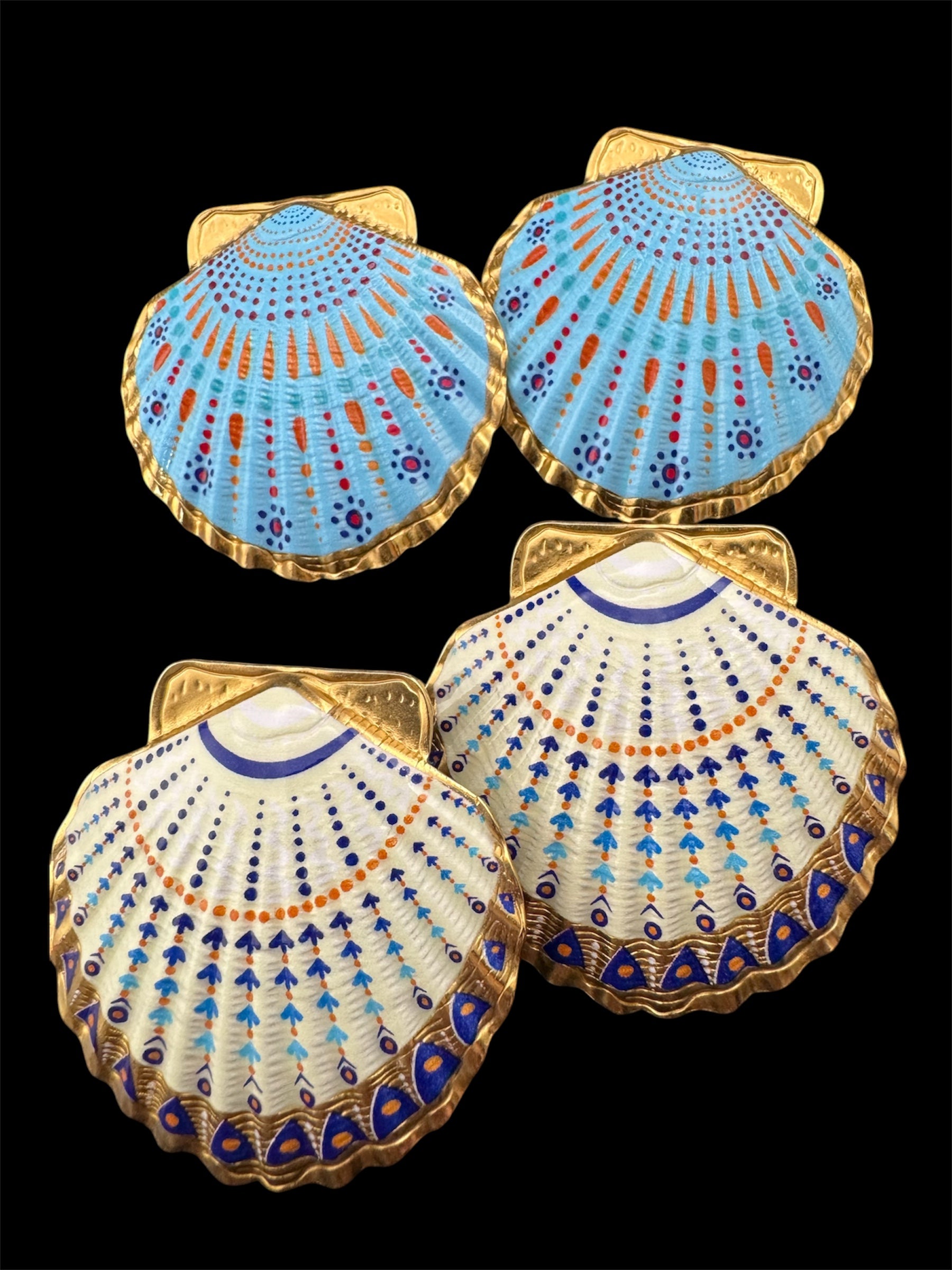 Oversized sea shell enamel earrings for pierced ears turquoise and white