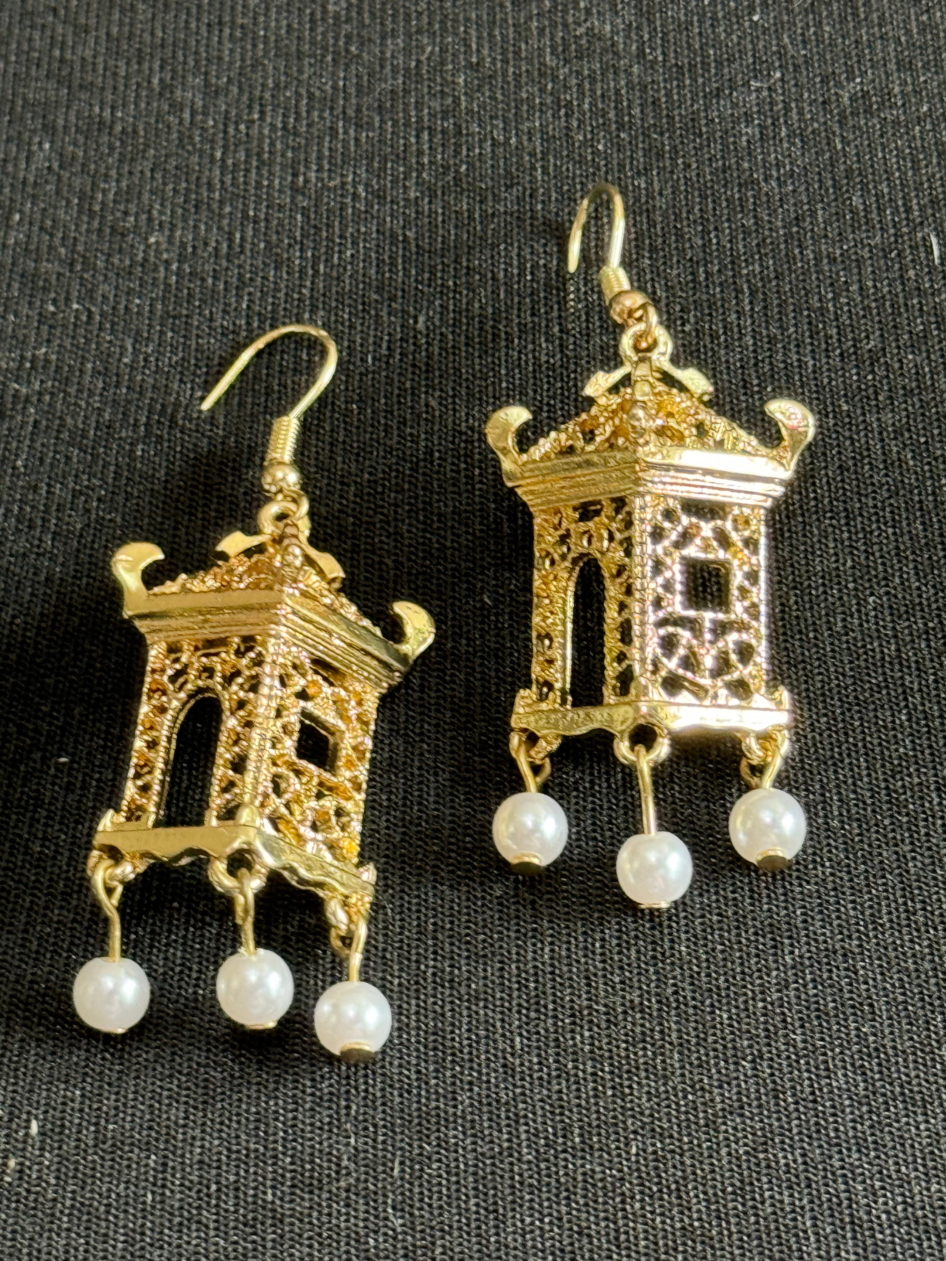 Far Eastern Chinese pagoda gold tone faux pearl drop earrings