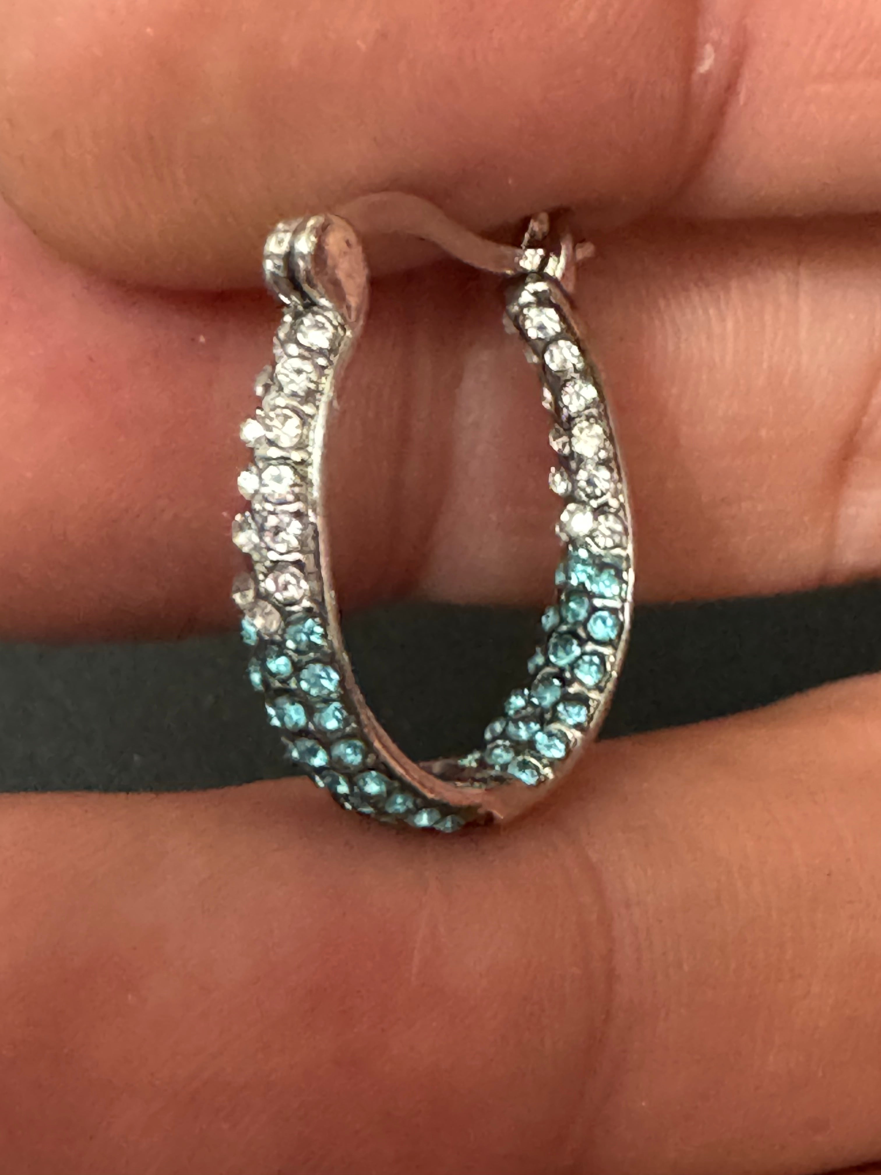 Turquoise blue & clear diamanté Crystal silver tone  small oval hoop earrings