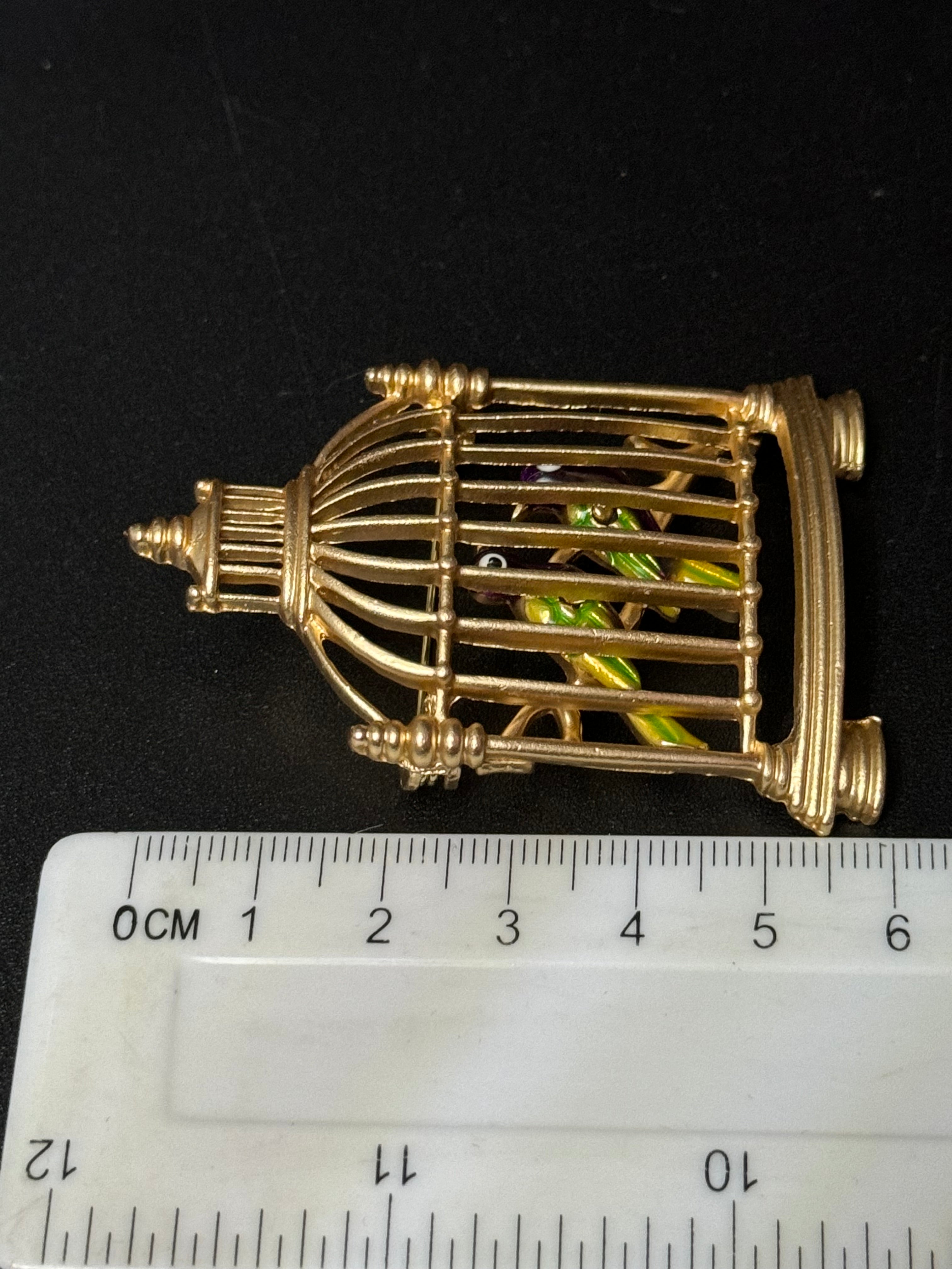 Novelty Green enamel birds in a cage gold tone large brooch
