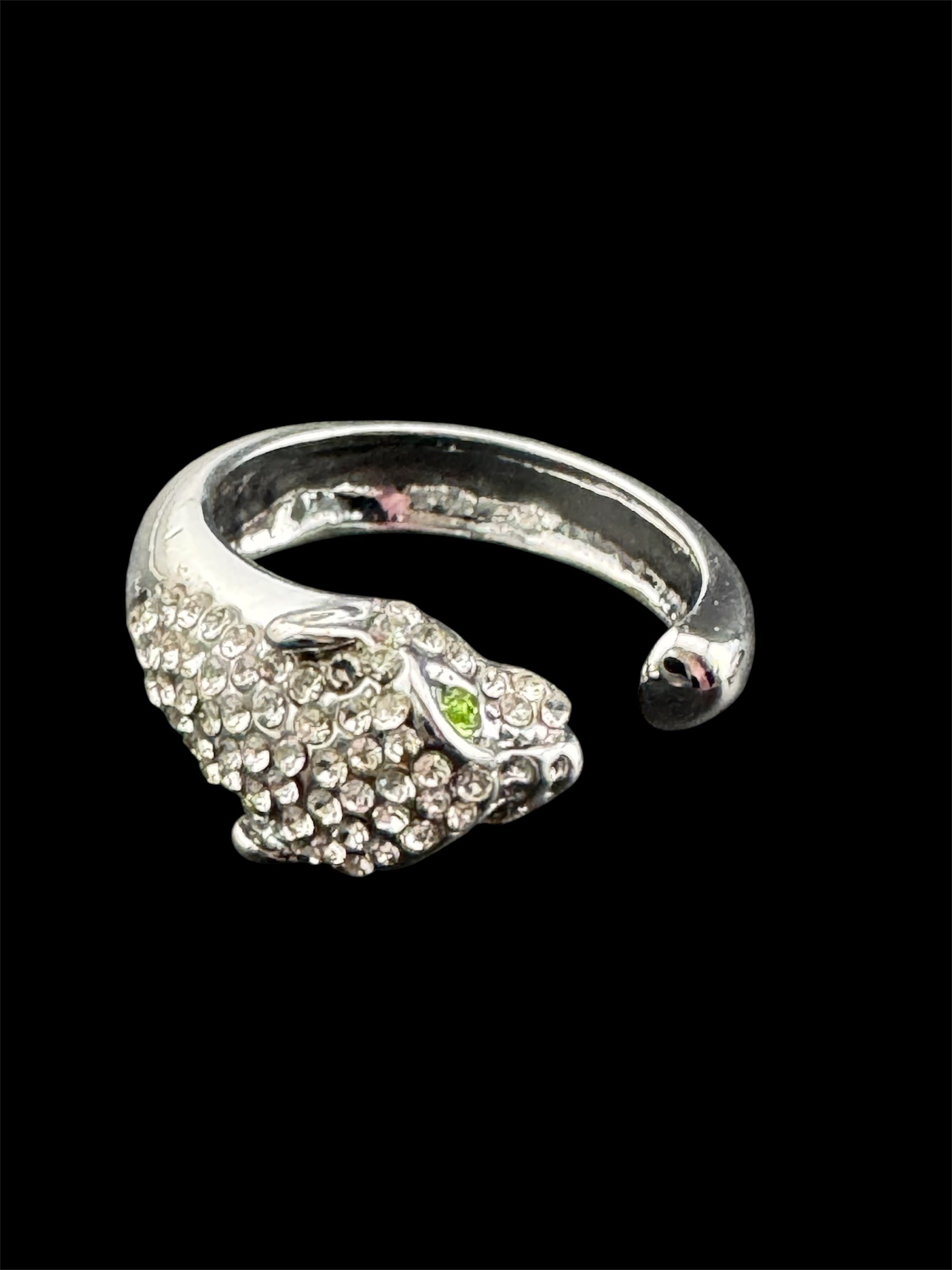 Crystal Silver plated big cat leopard adjustable ring
