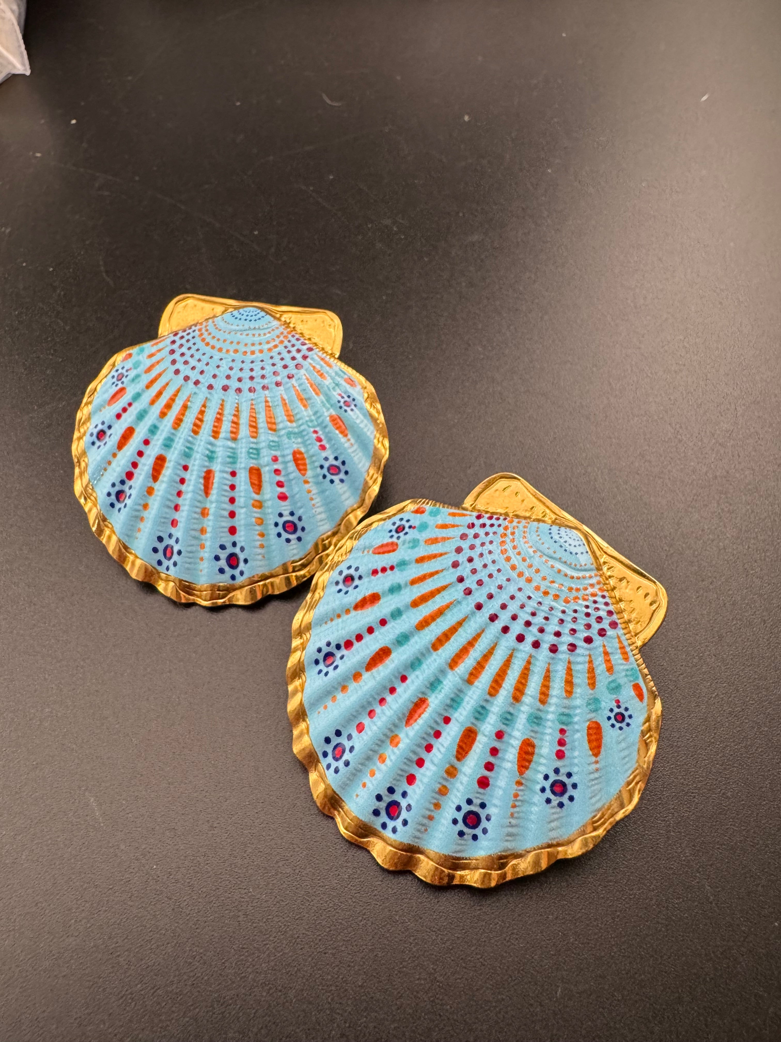 Oversized sea shell enamel earrings for pierced ears turquoise and white