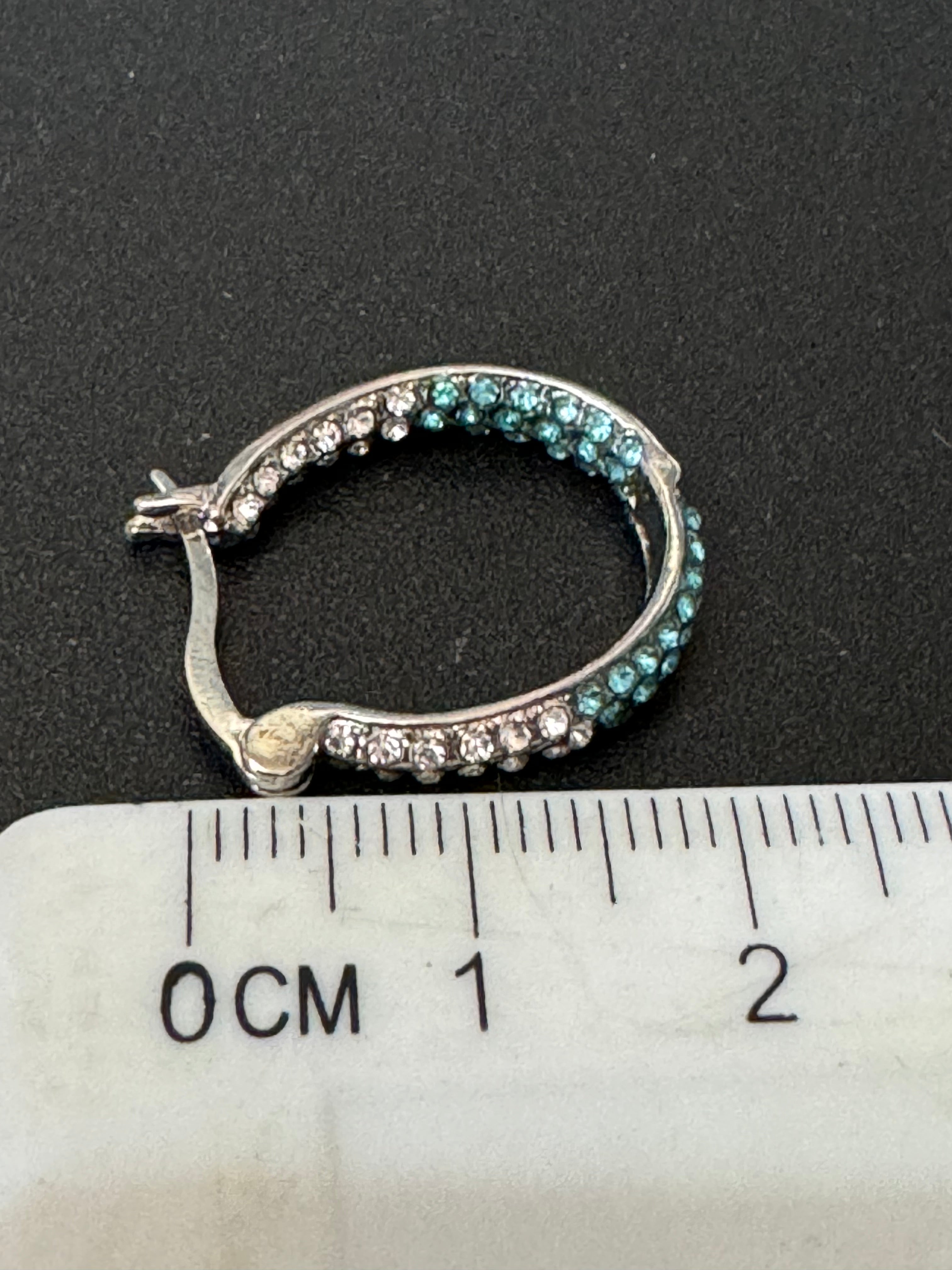 Turquoise blue & clear diamanté Crystal silver tone  small oval hoop earrings