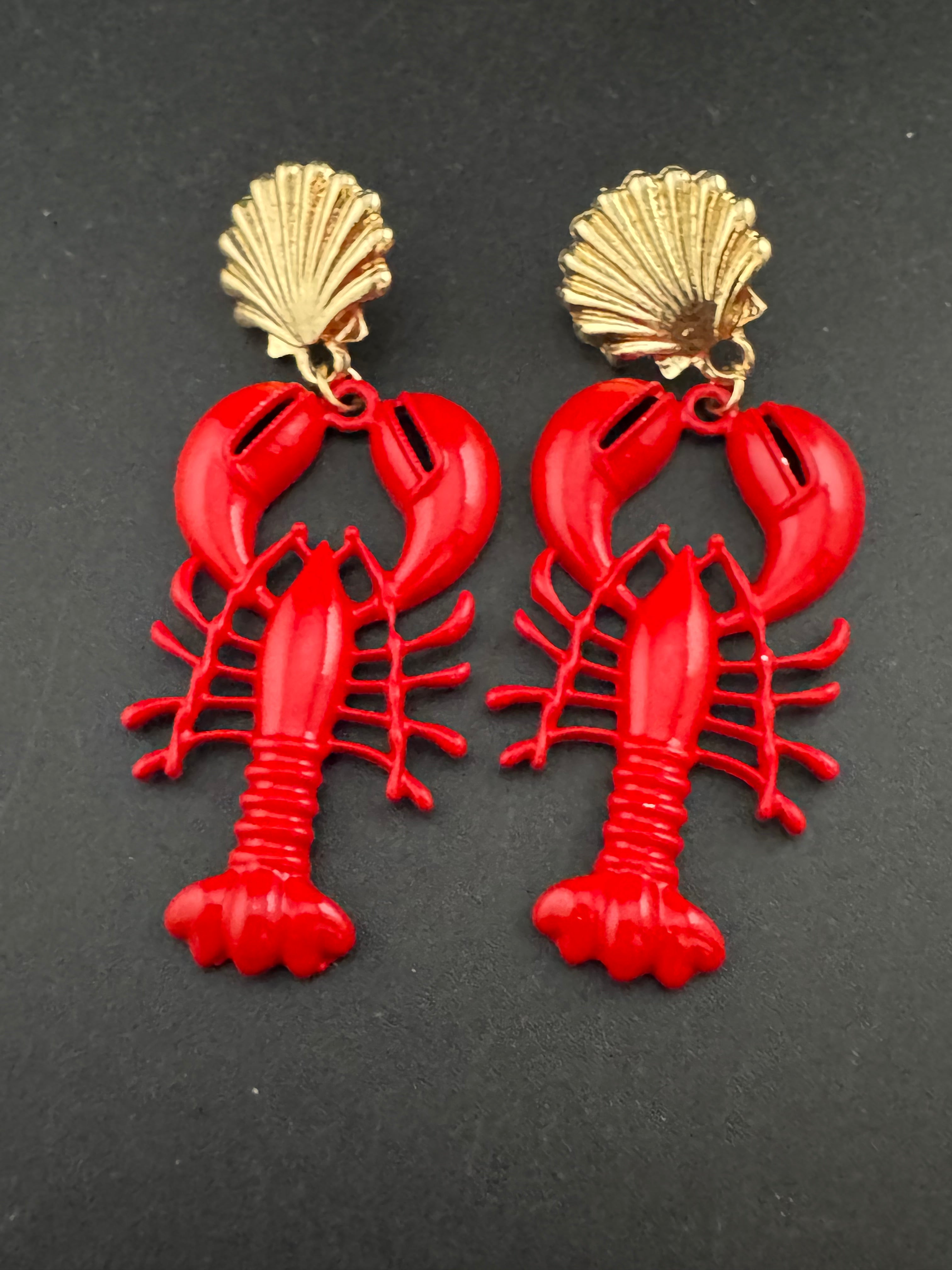 Bright red enamel lobster dangly earrings with gold seashells