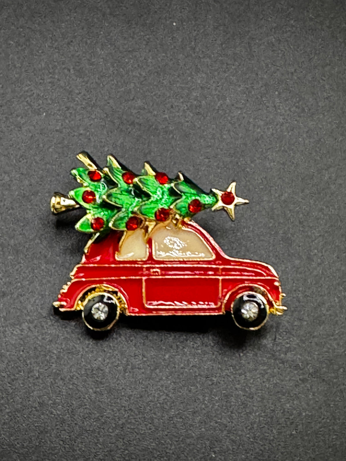 Driving home for Christmas tree brooch, gold tone and enamel  , festive jewellery