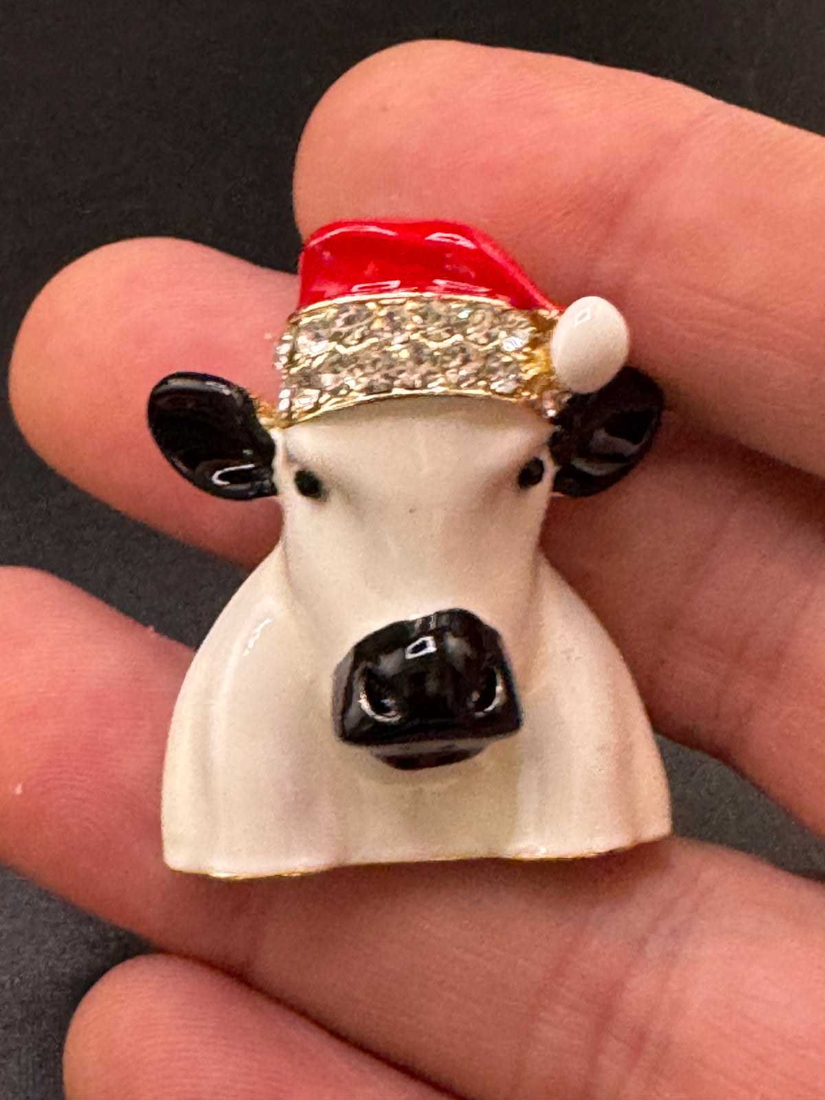 Christmas cow brooch, white enamel novelty Christmas hat with rhinestones, festive jewellery