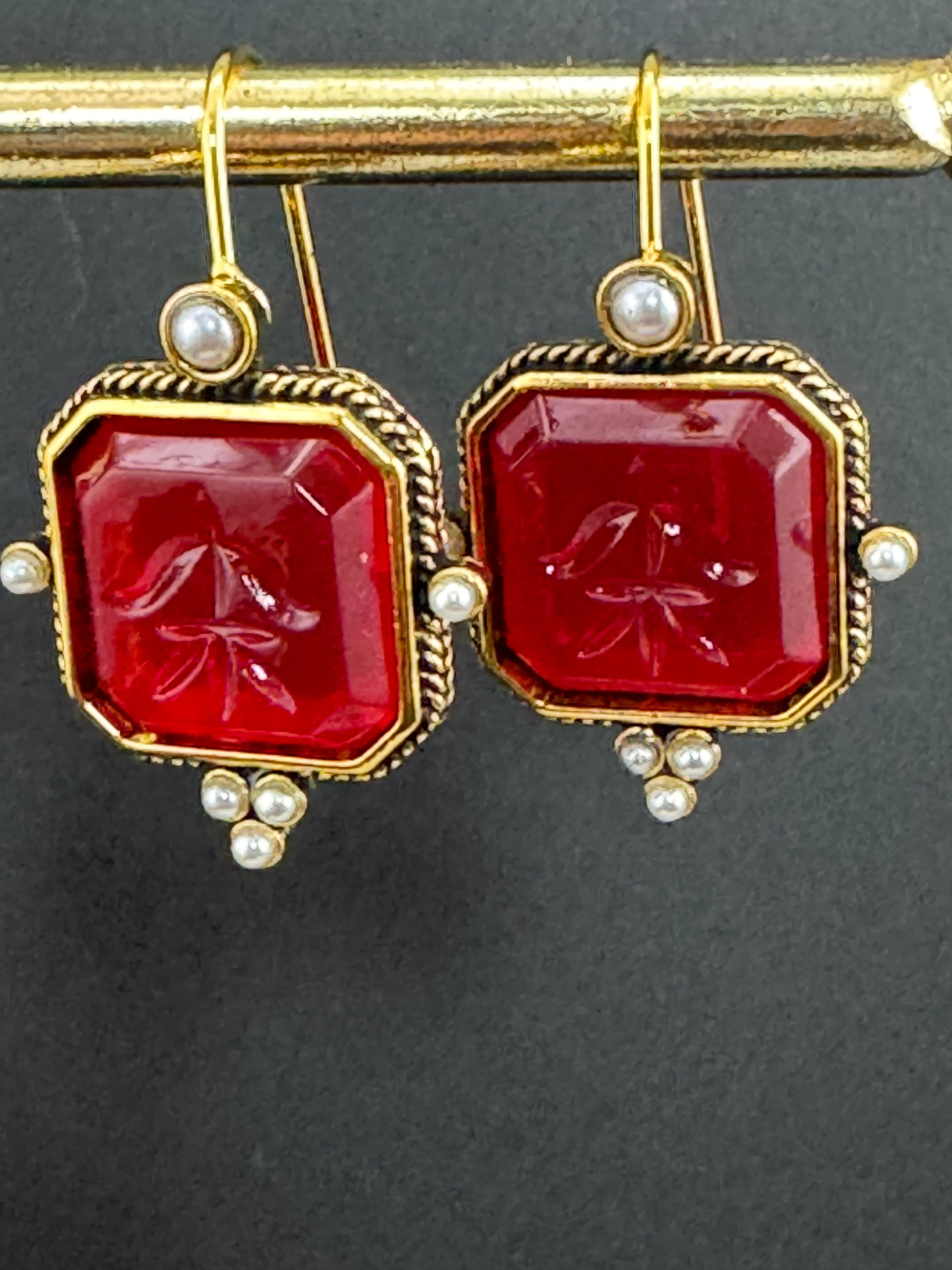 Victorian style emerald ruby and sapphire seed pearl drop earrings