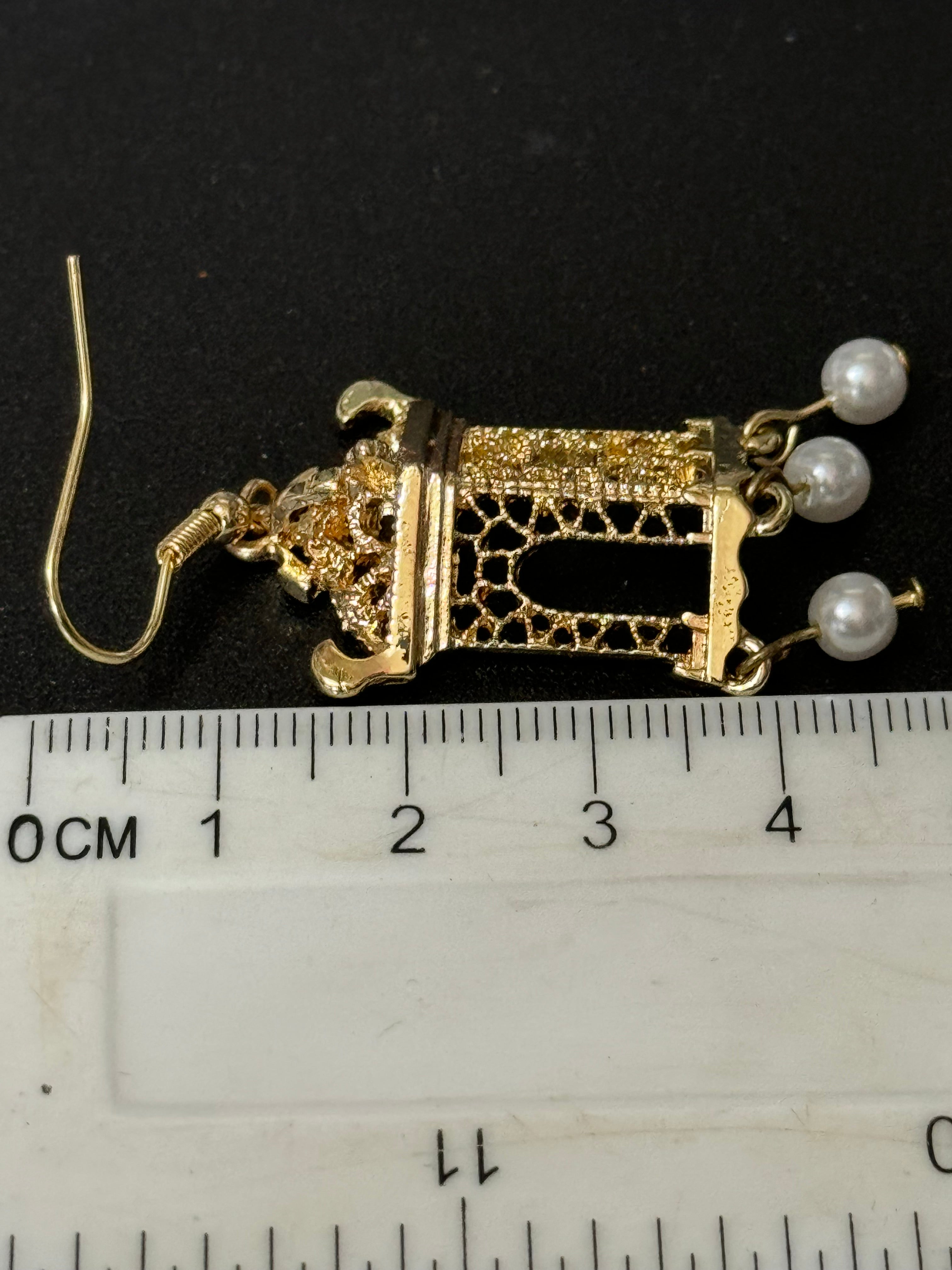 Far Eastern Chinese pagoda gold tone faux pearl drop earrings