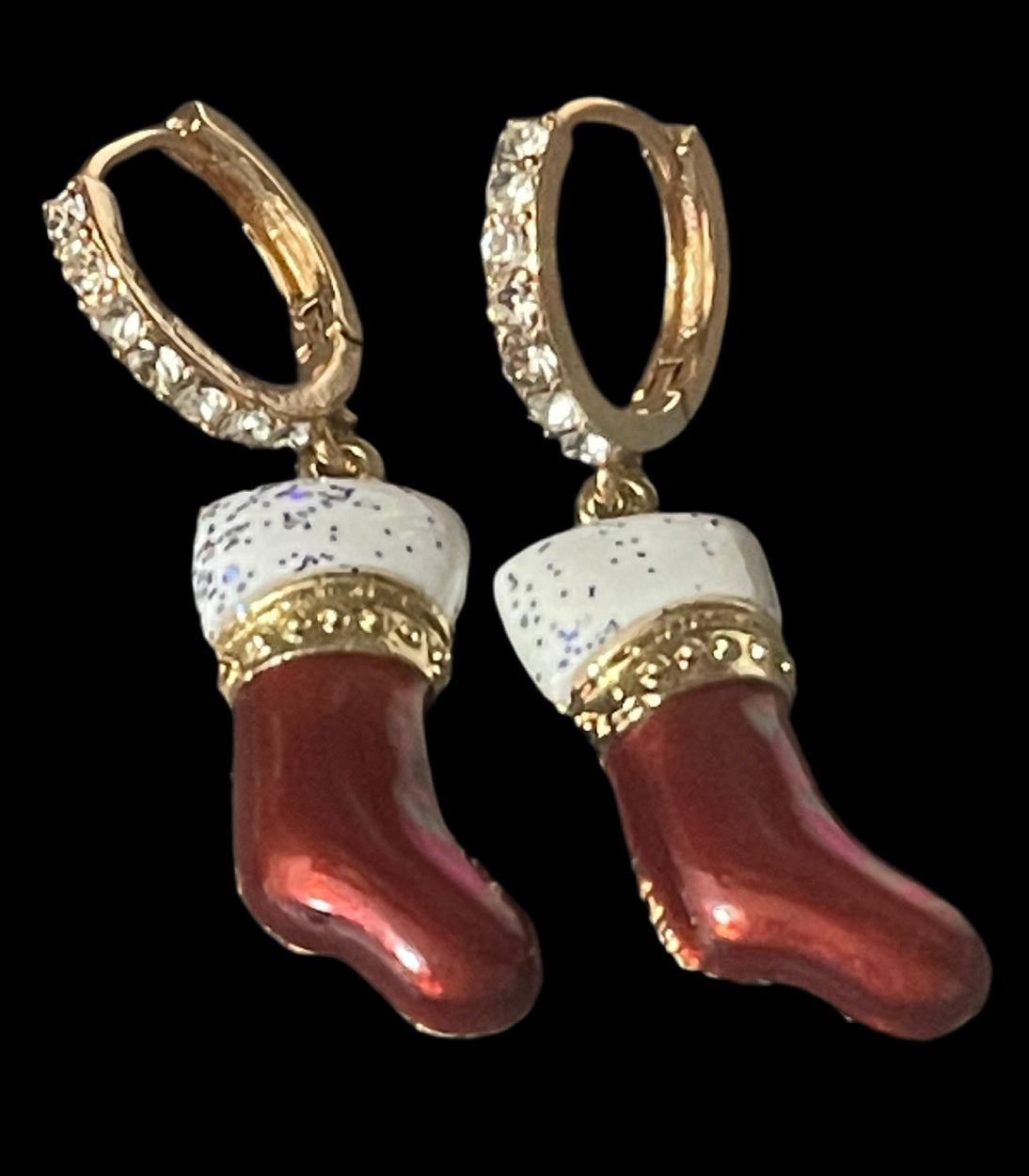 Red enamel rhinestone Christmas stockings earrings, festive jewellery, gift for her