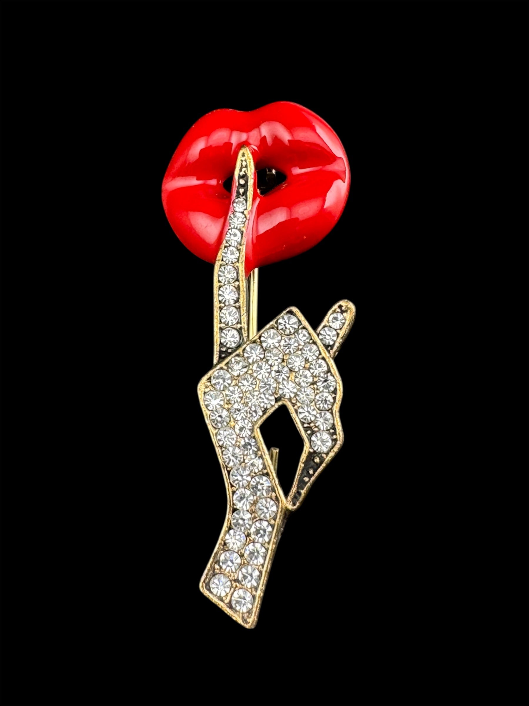 Novelty diamanté red lips secret brooch