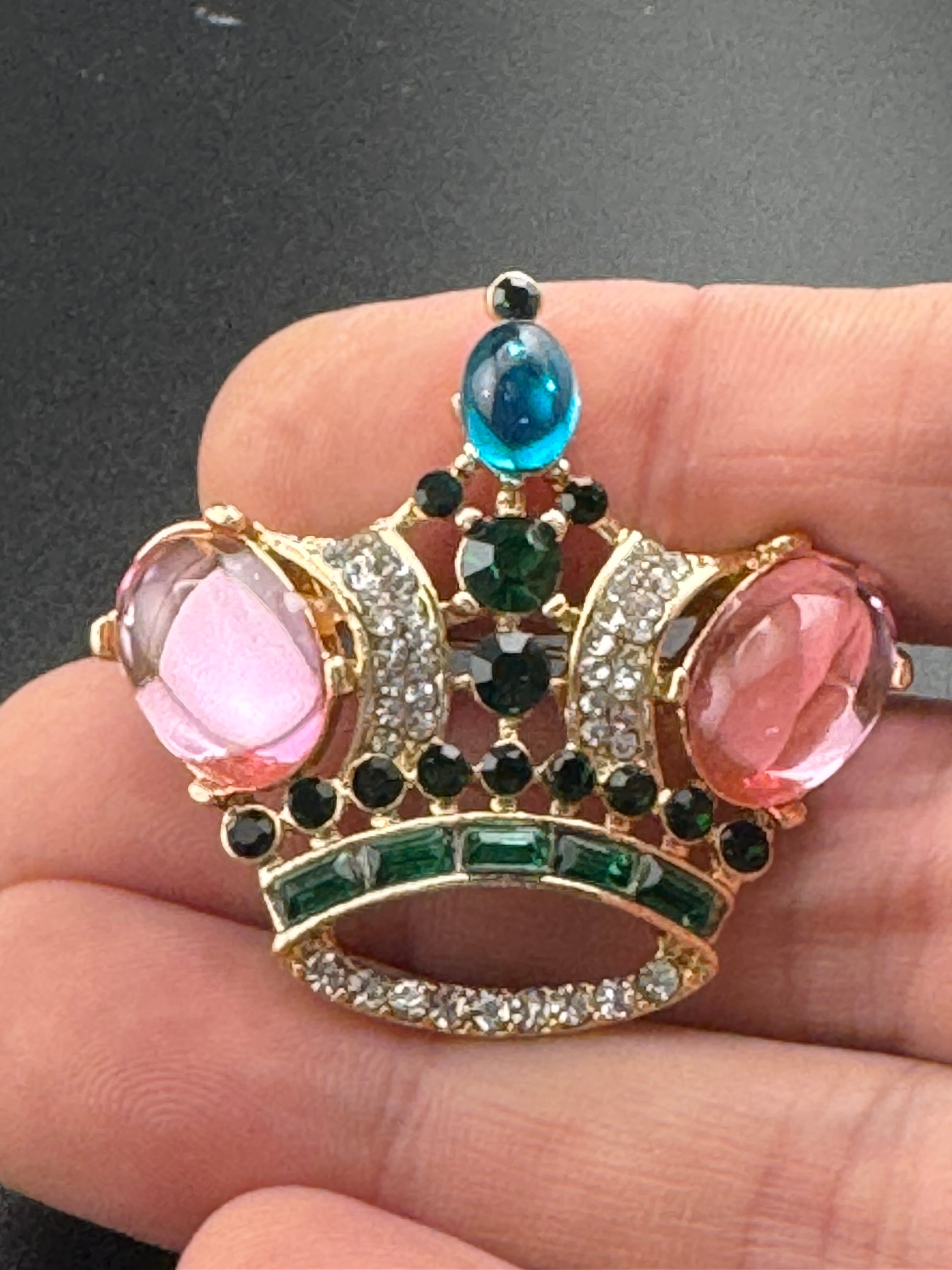 Royal crown brooch set with pink cabochons and coloured rhinestones