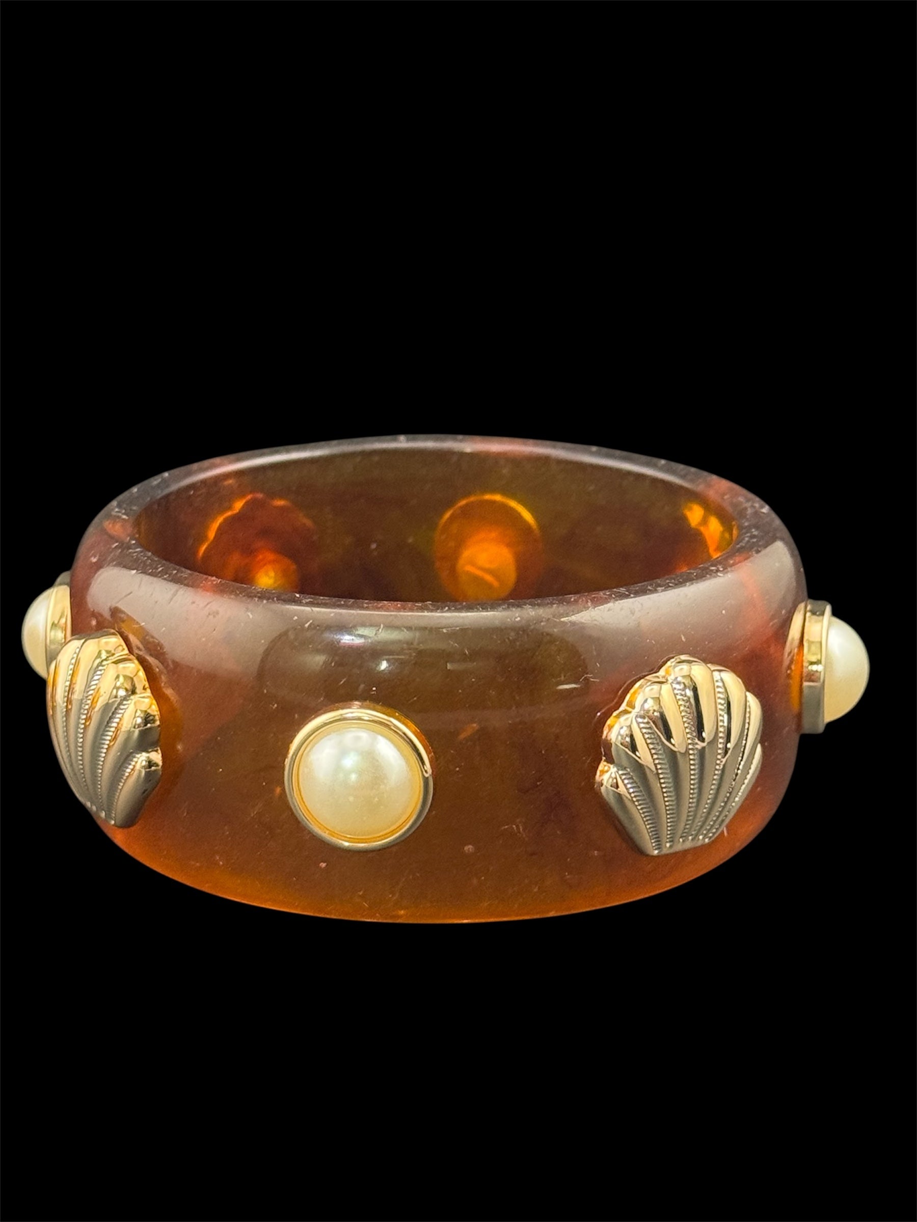Nautical gold seashell faux tortoiseshell wide brown acrylic pearl plastic bangle bracelet