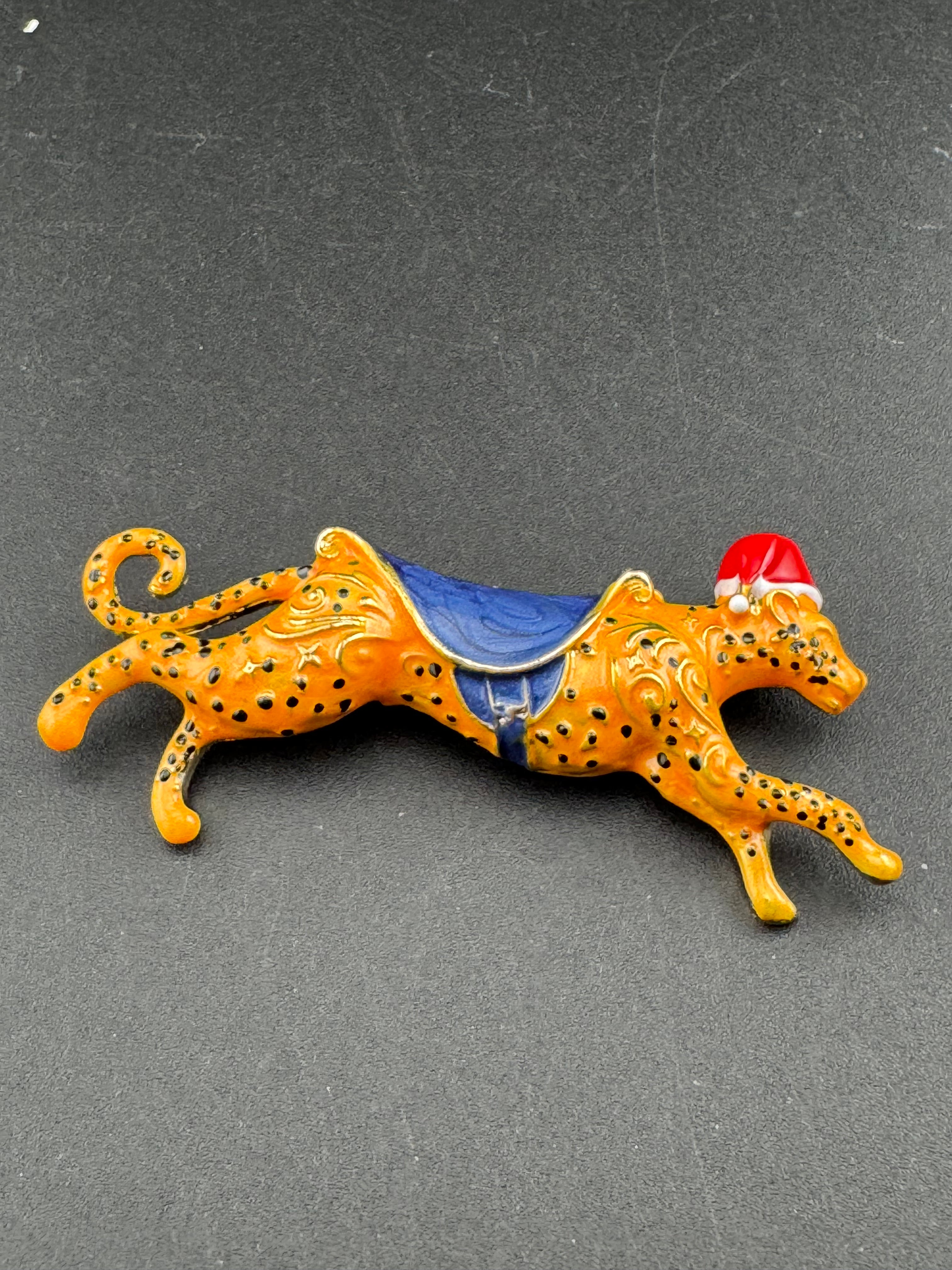 Christmas big cat leopard brooch, festive Santa hat