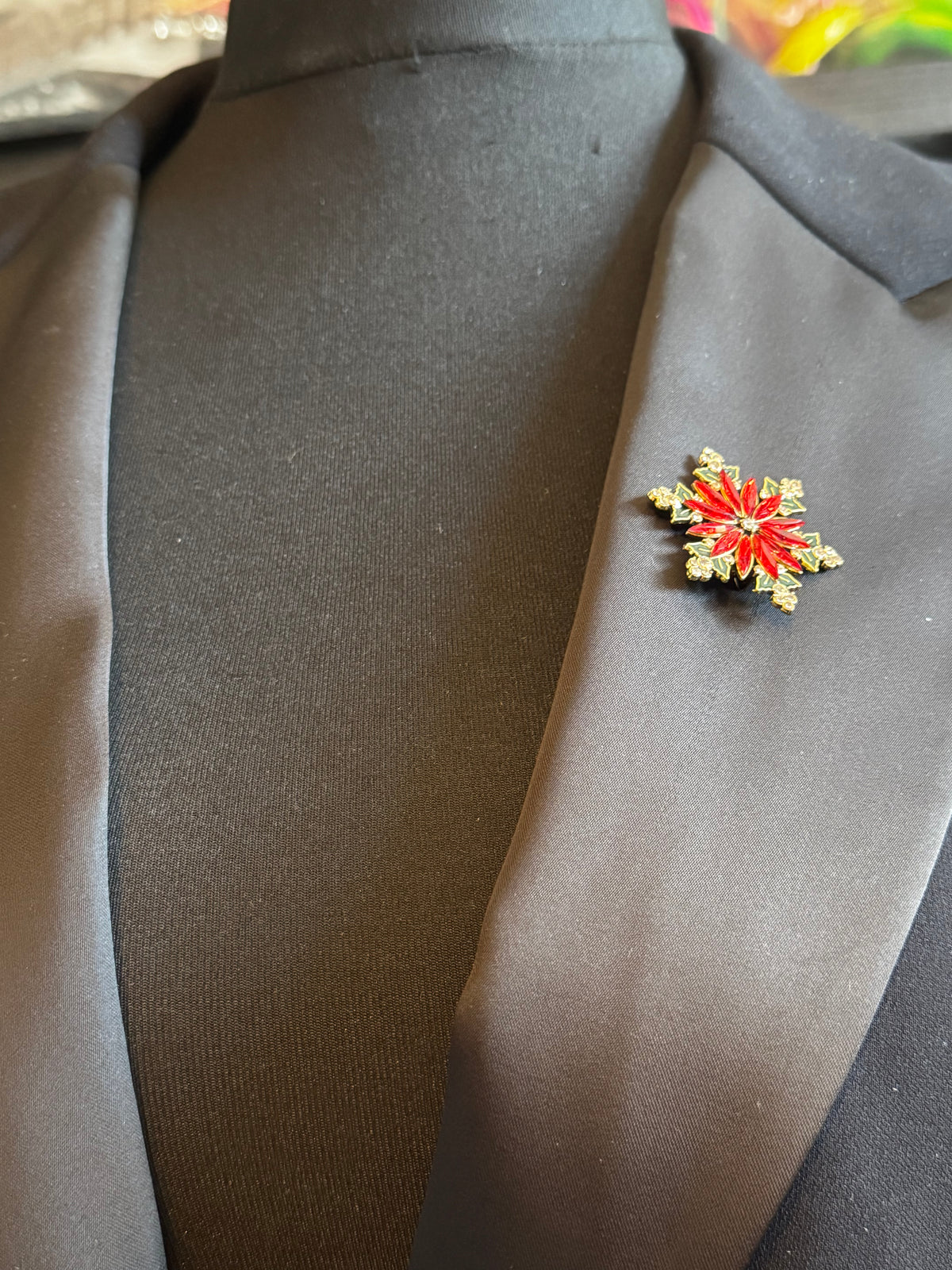 Christmas Poinsettia Brooch, Rhinestone Flower, Red Green Gold Tone