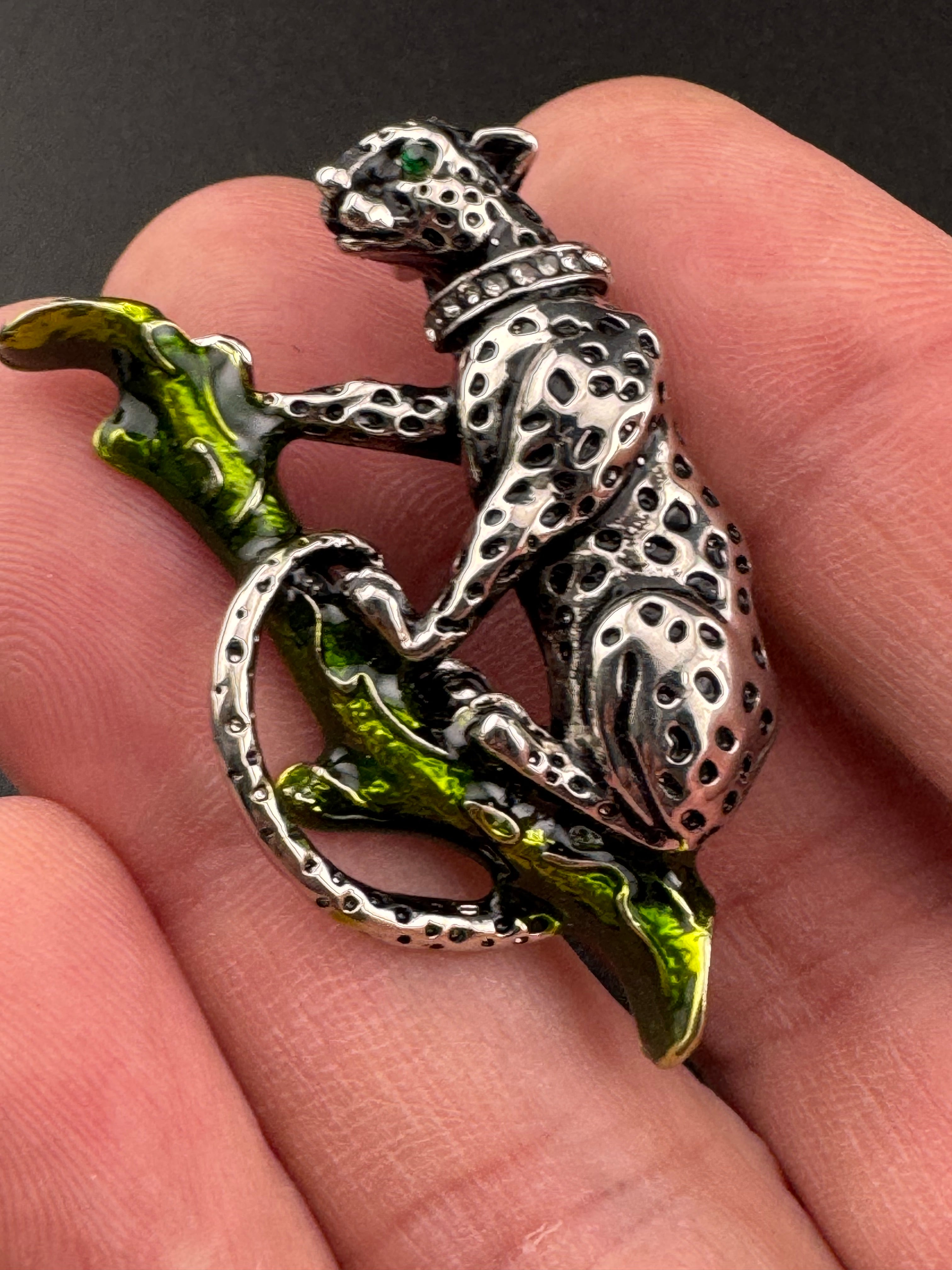 green enamel rhinestone silver tone Big Cat leopard brooch for coat