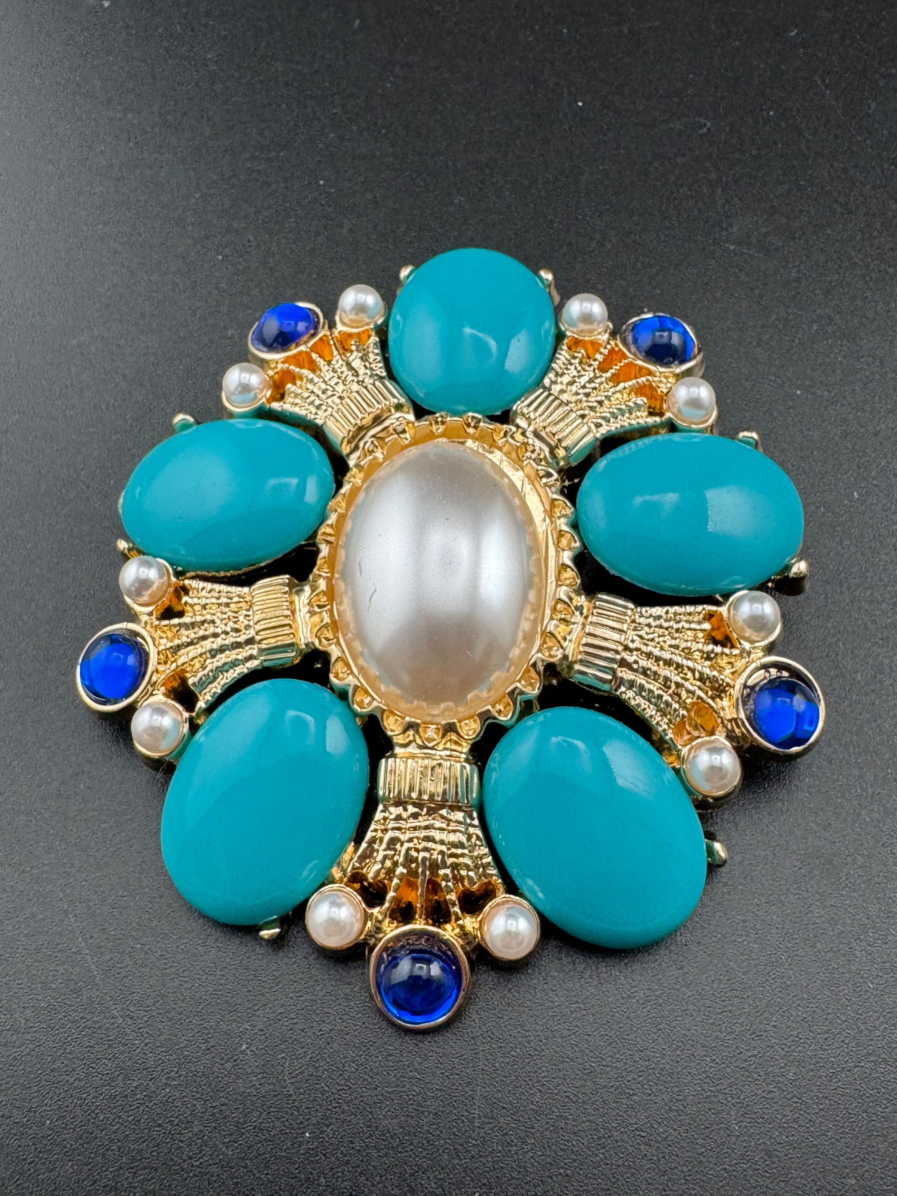 turquoise, sapphire and pearl oversized cabochon diamanté brooch