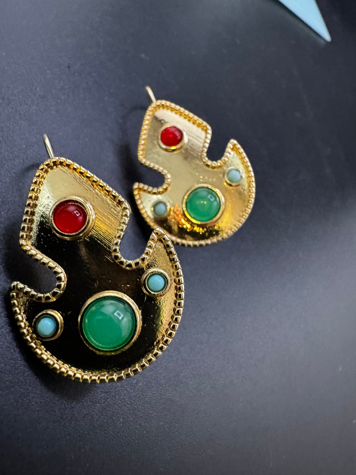 Etruscan style red and green cabochon drop earrings for pierced ears