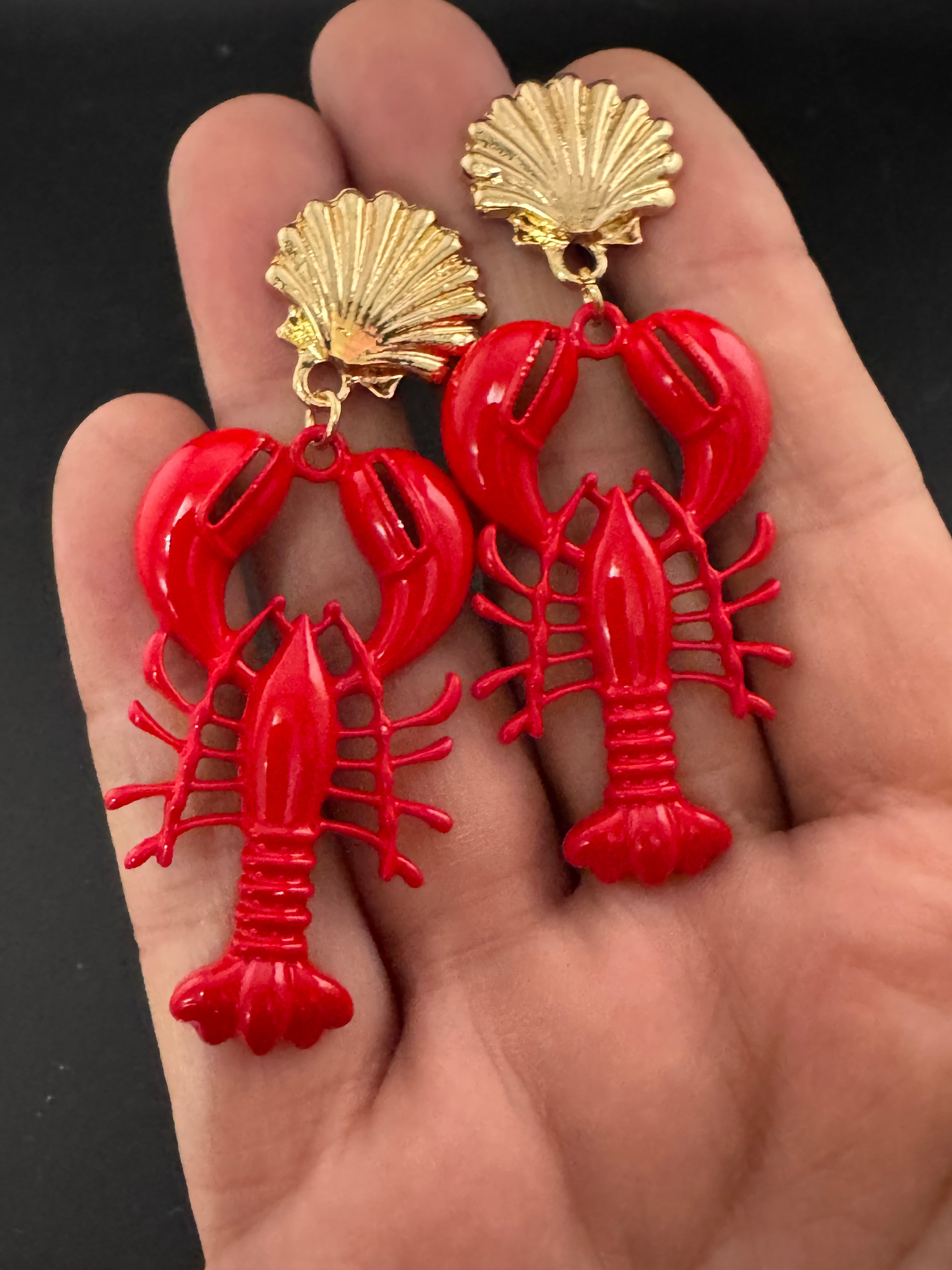 Bright red enamel lobster dangly earrings with gold seashells