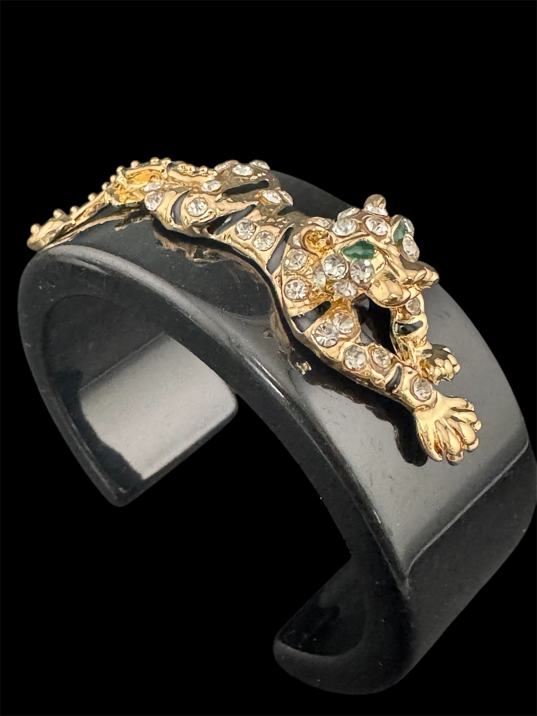 Black acrylic big cat black enamel and clear crystal gold tone cuff bangle bracelet