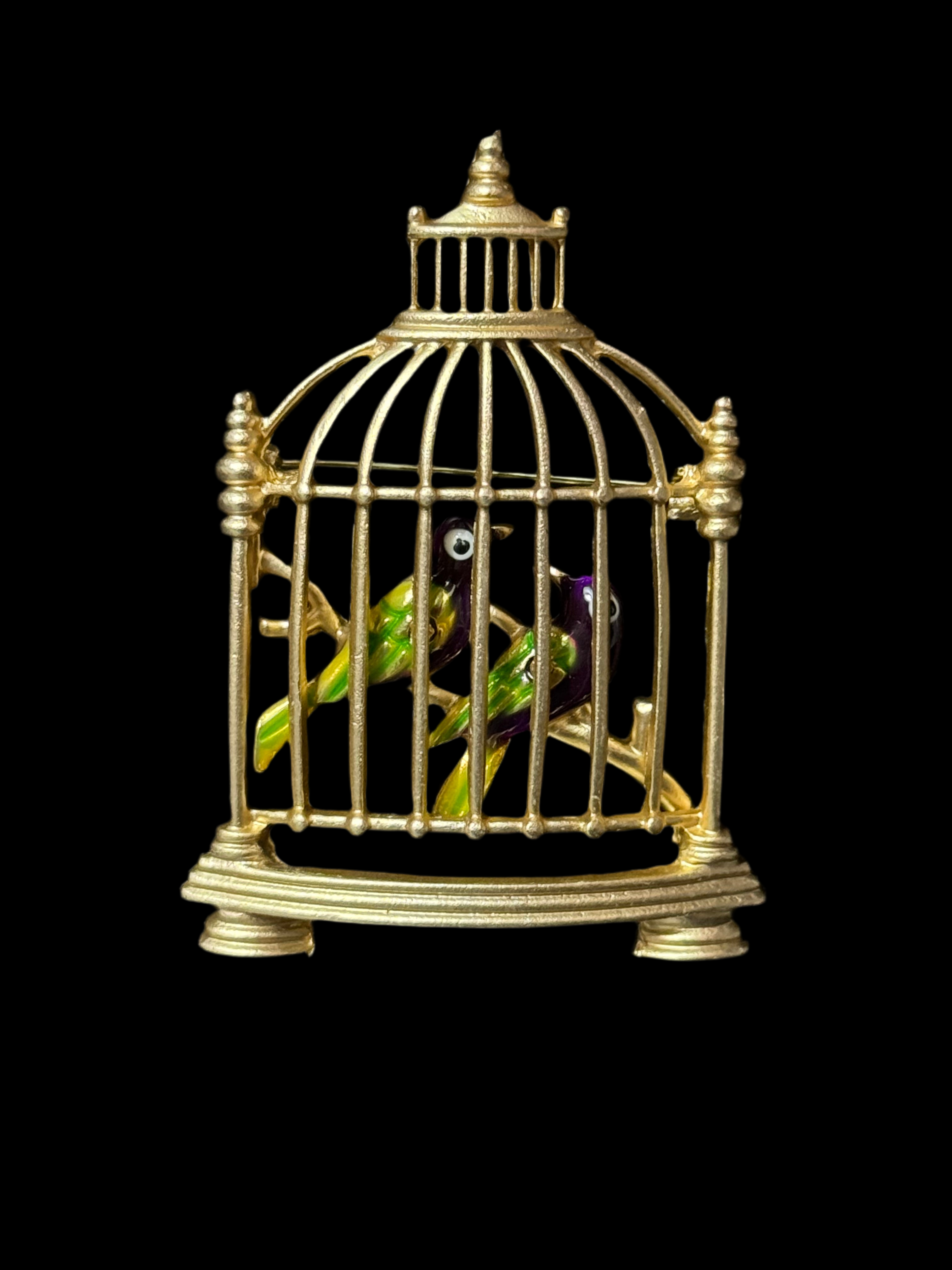 Novelty Green enamel birds in a cage gold tone large brooch
