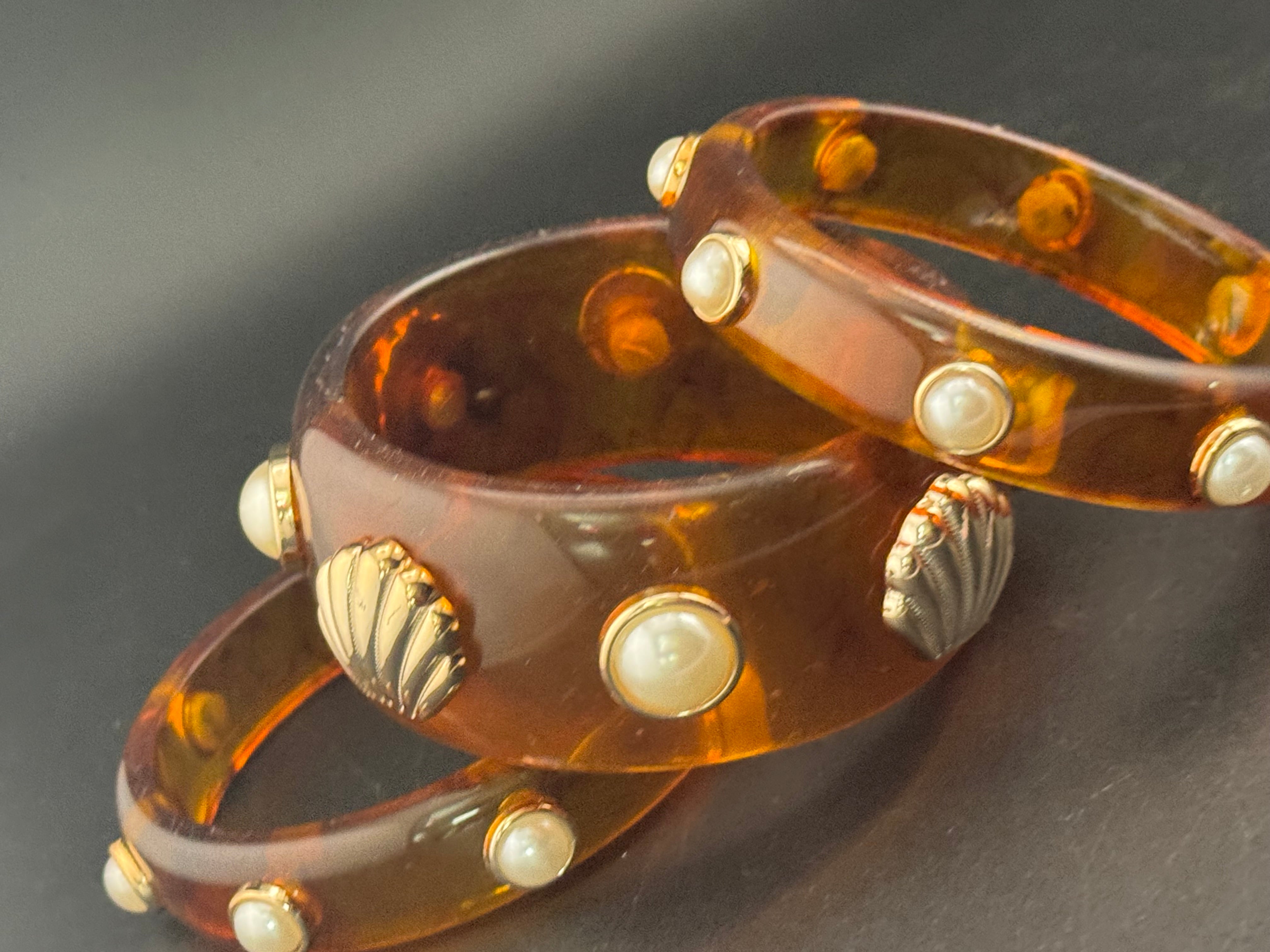 Nautical gold seashell faux tortoiseshell wide brown acrylic pearl plastic bangle bracelet