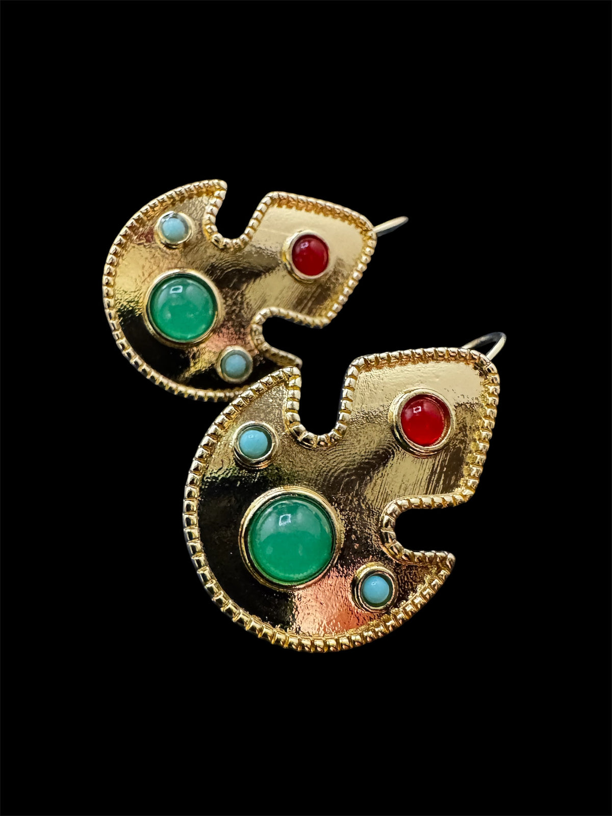 Etruscan style red and green cabochon drop earrings for pierced ears