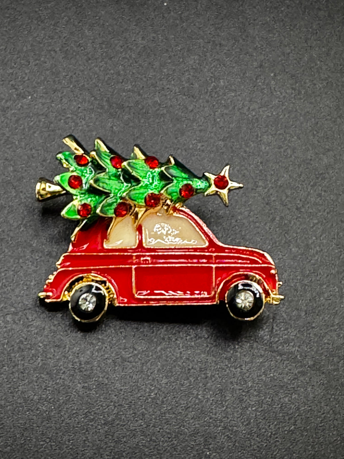 Driving home for Christmas tree brooch, gold tone and enamel  , festive jewellery