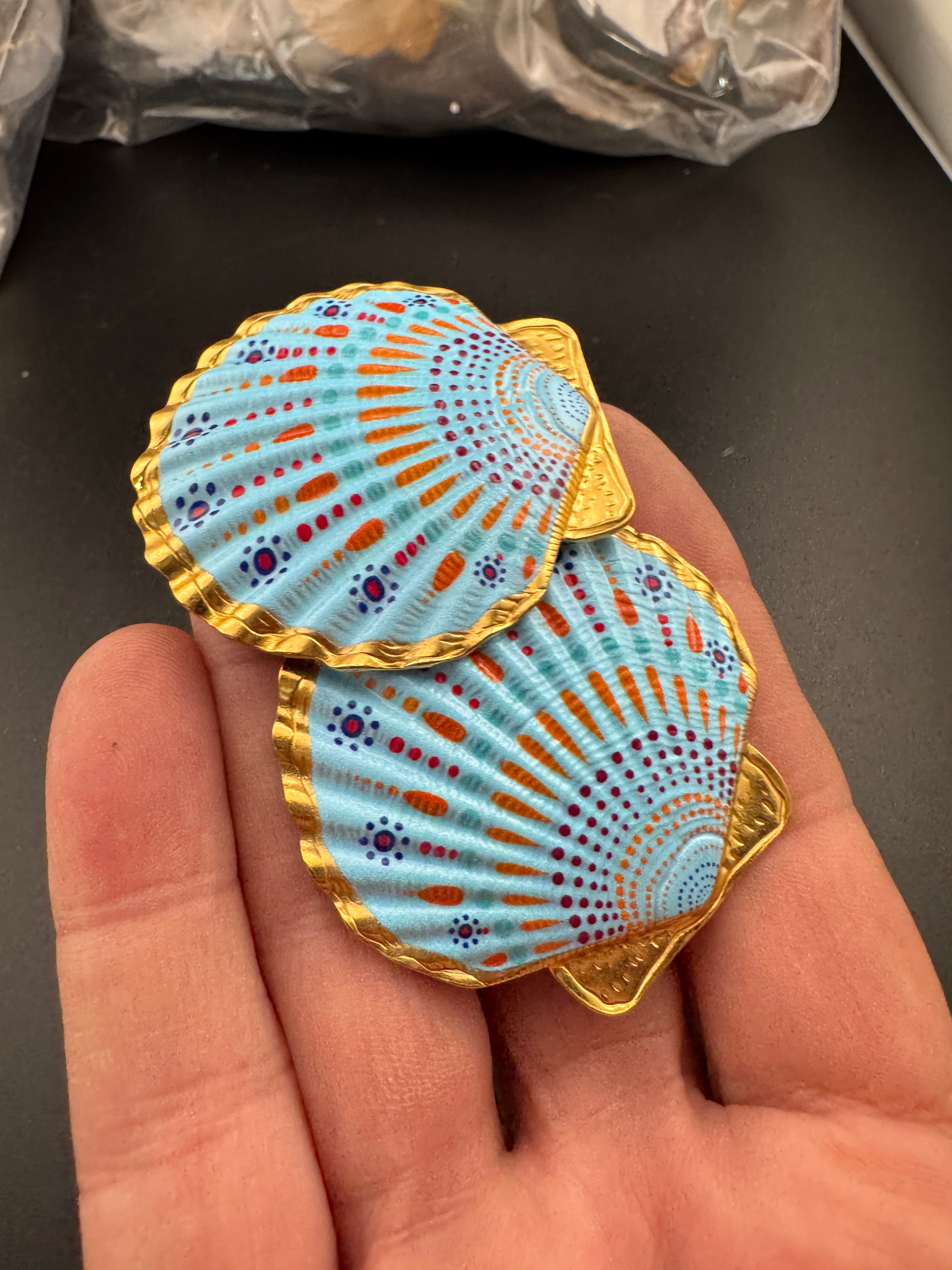 Oversized sea shell enamel earrings for pierced ears turquoise and white