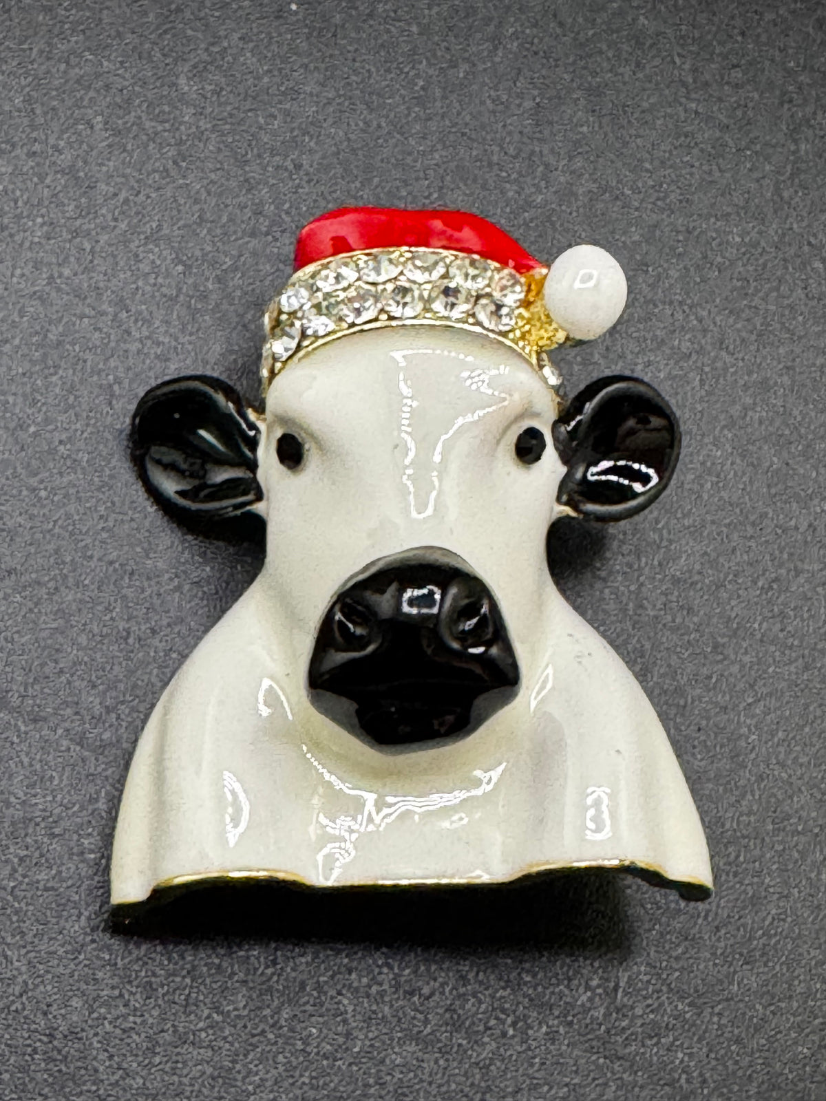 Christmas cow brooch, white enamel novelty Christmas hat with rhinestones, festive jewellery