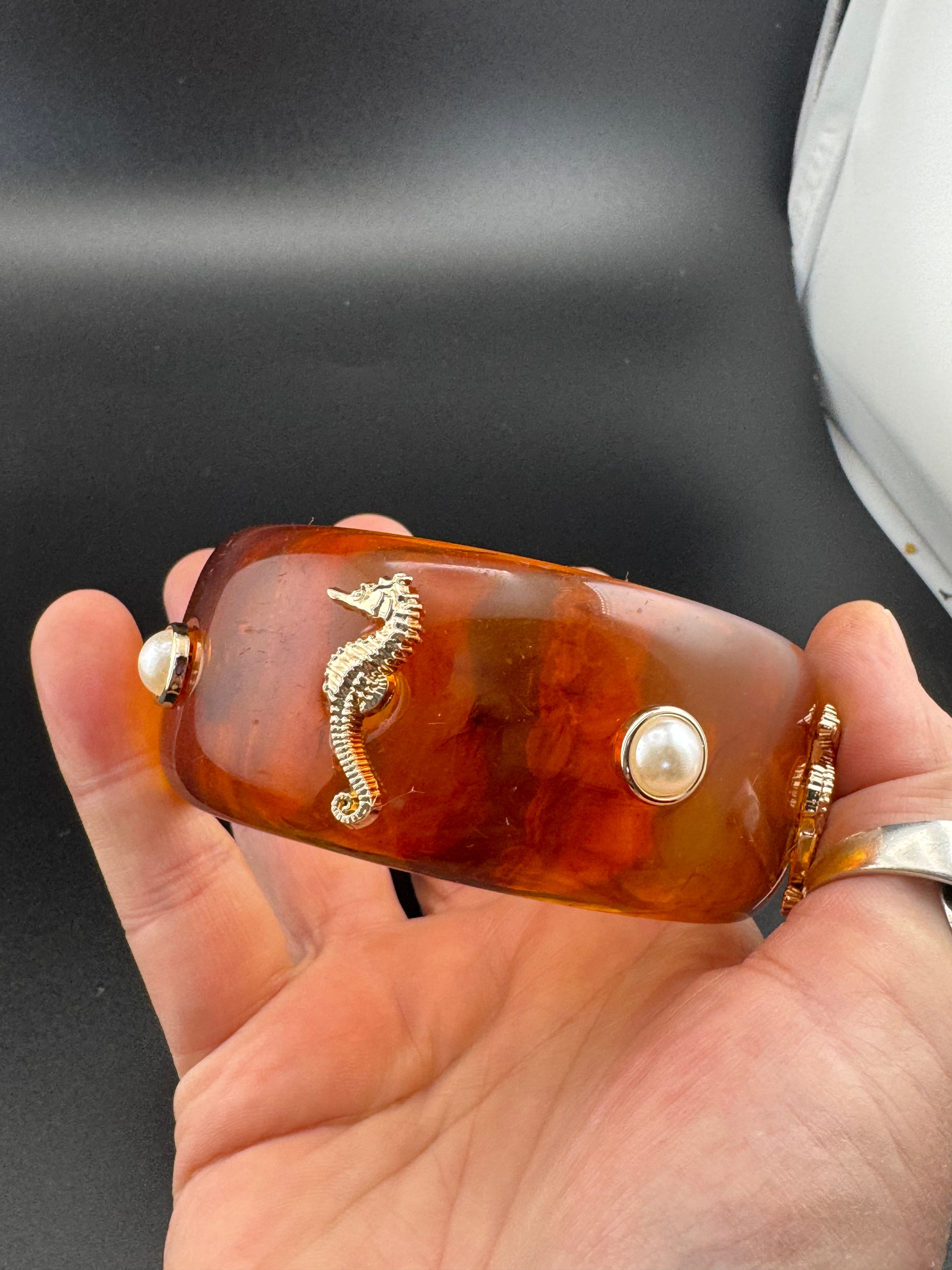 Nautical gold seahorse faux tortoiseshell wide brown acrylic pearl plastic bangle bracelet